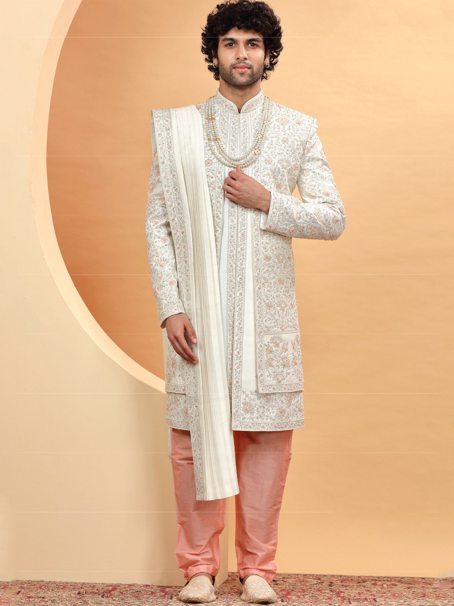 White Grooms Embroidered Sherwani Set