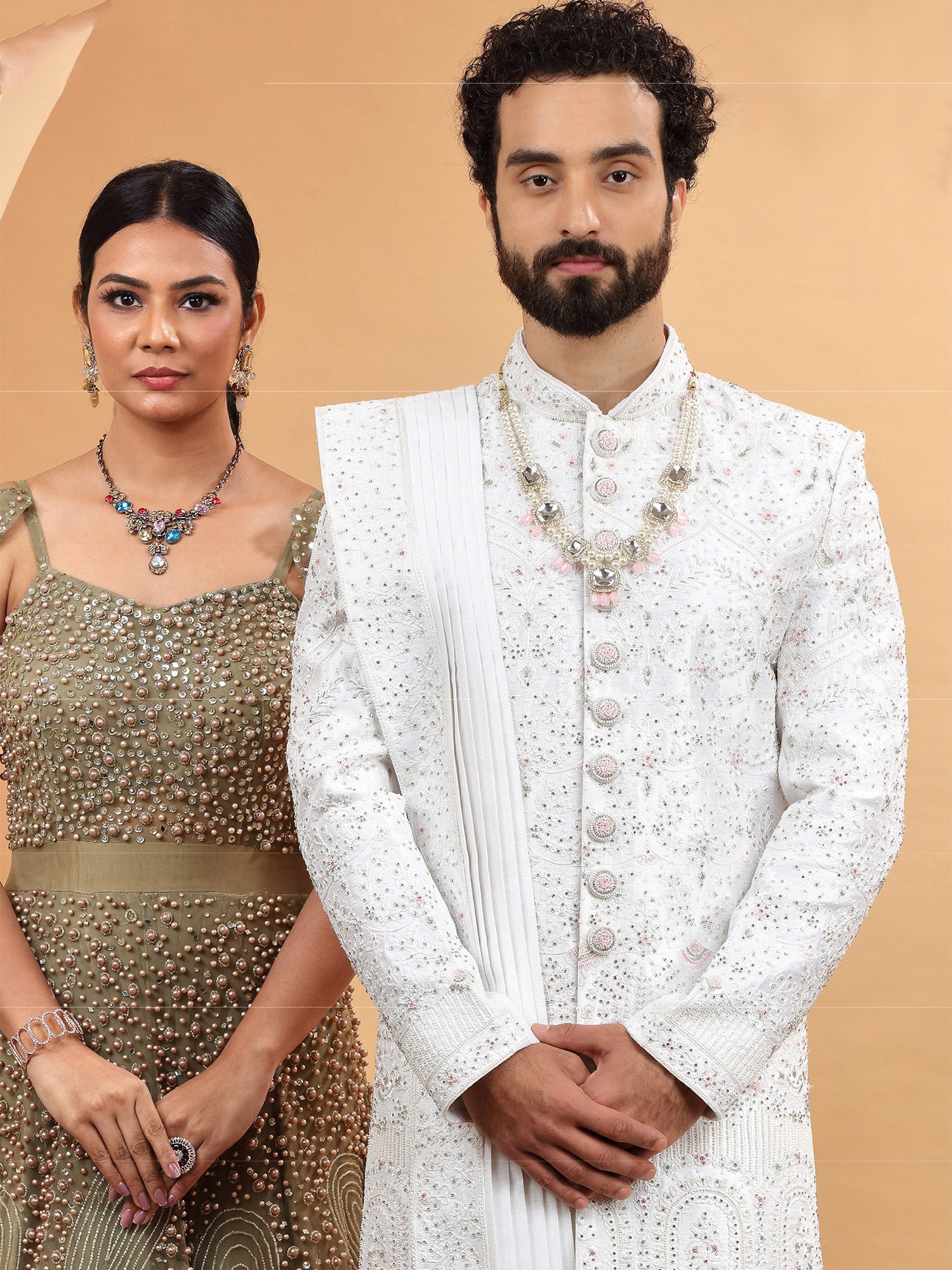 White Stone Embroidered Sherwani For Mens