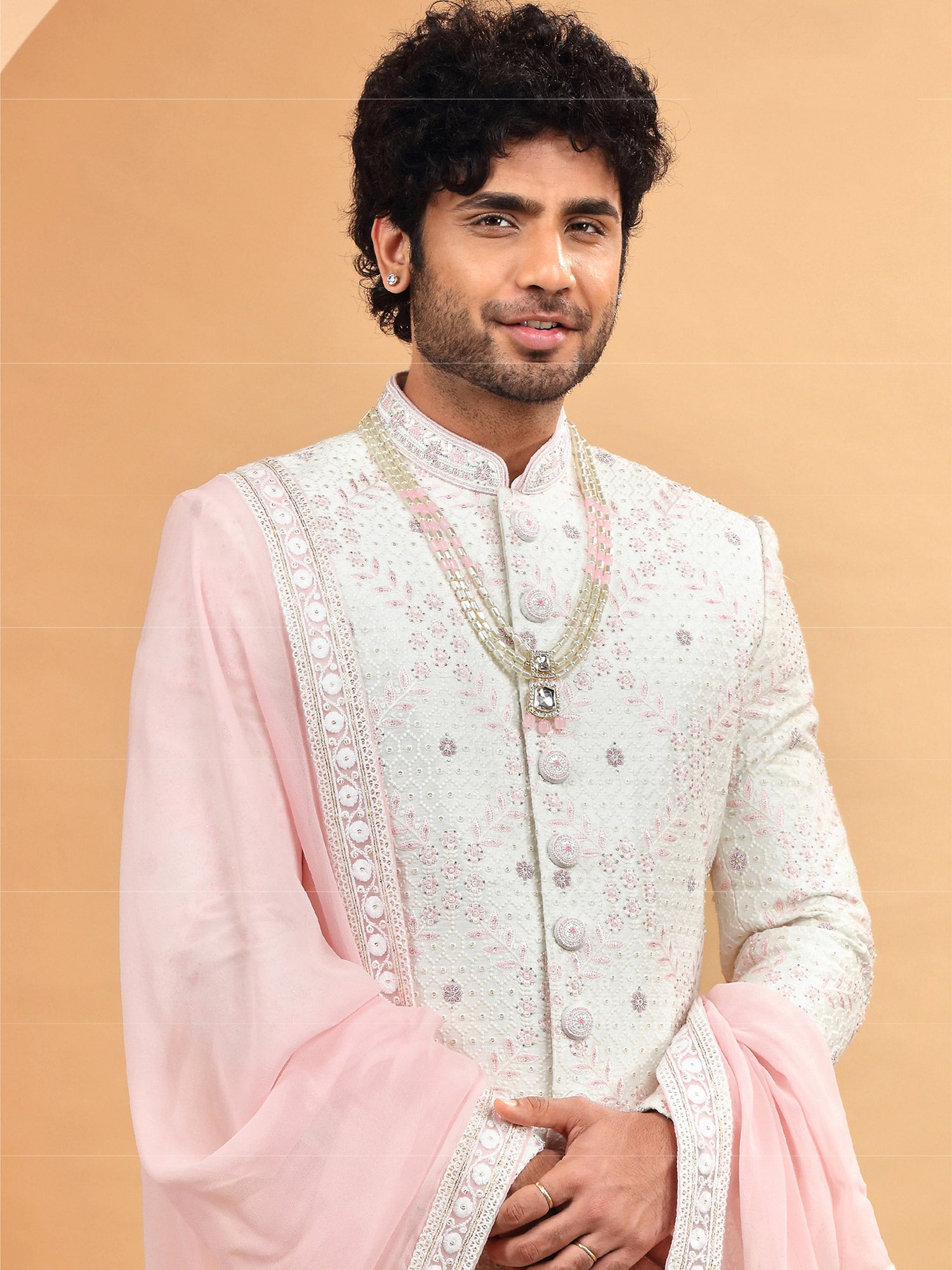 White Floral Embroidered Sherwani For Mens