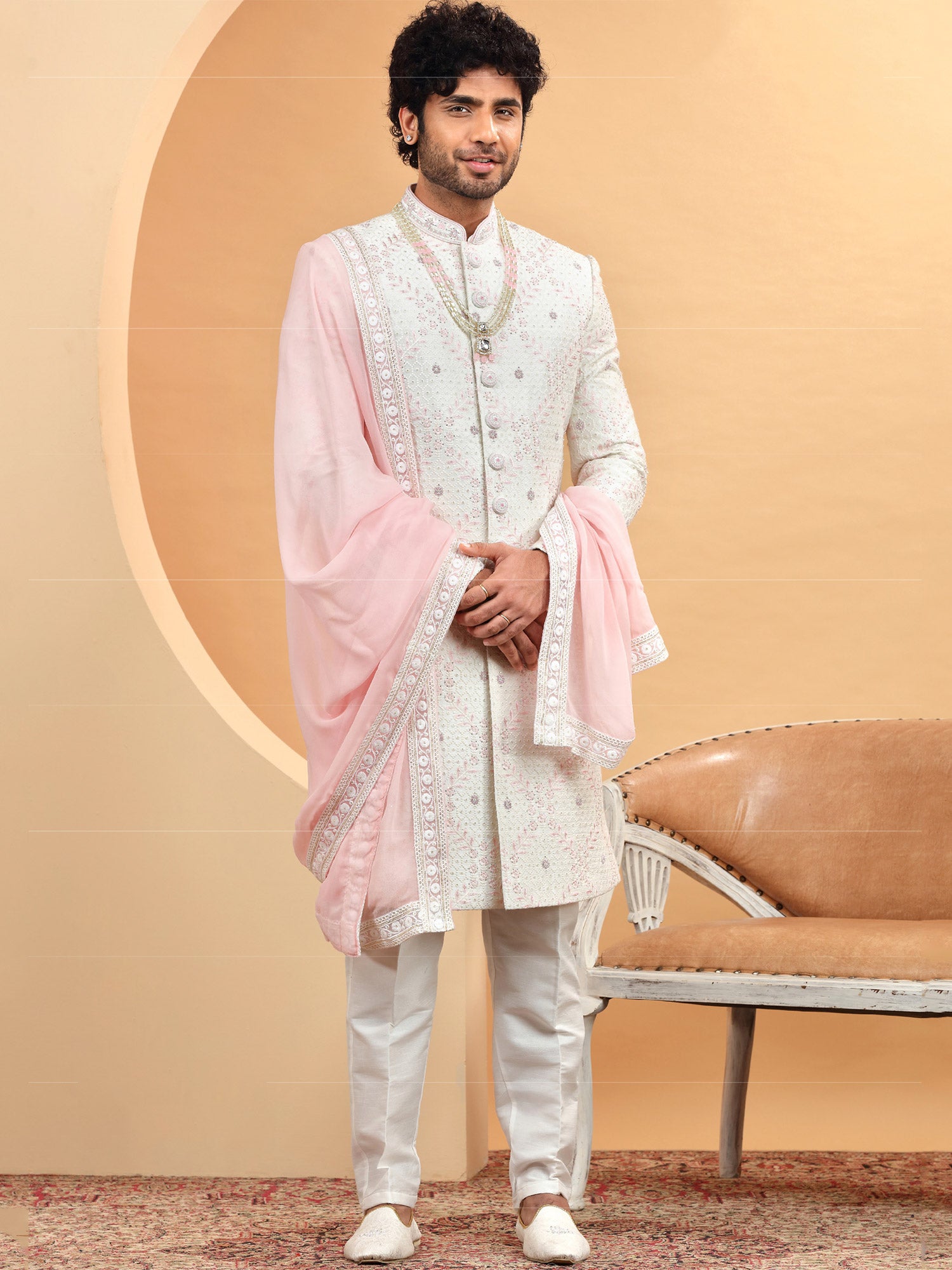White Floral Embroidered Sherwani For Mens