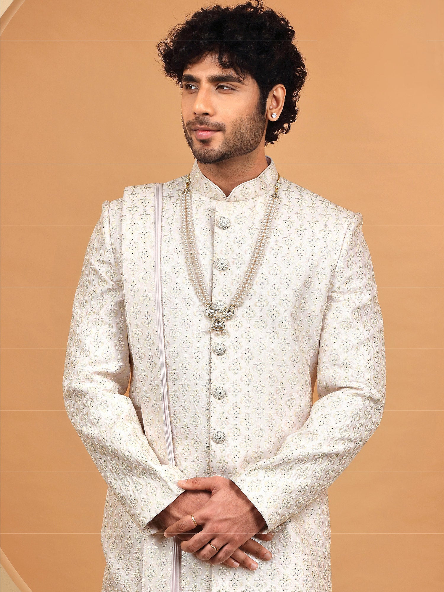 White Hand Embroidered Mens Sherwani In Silk
