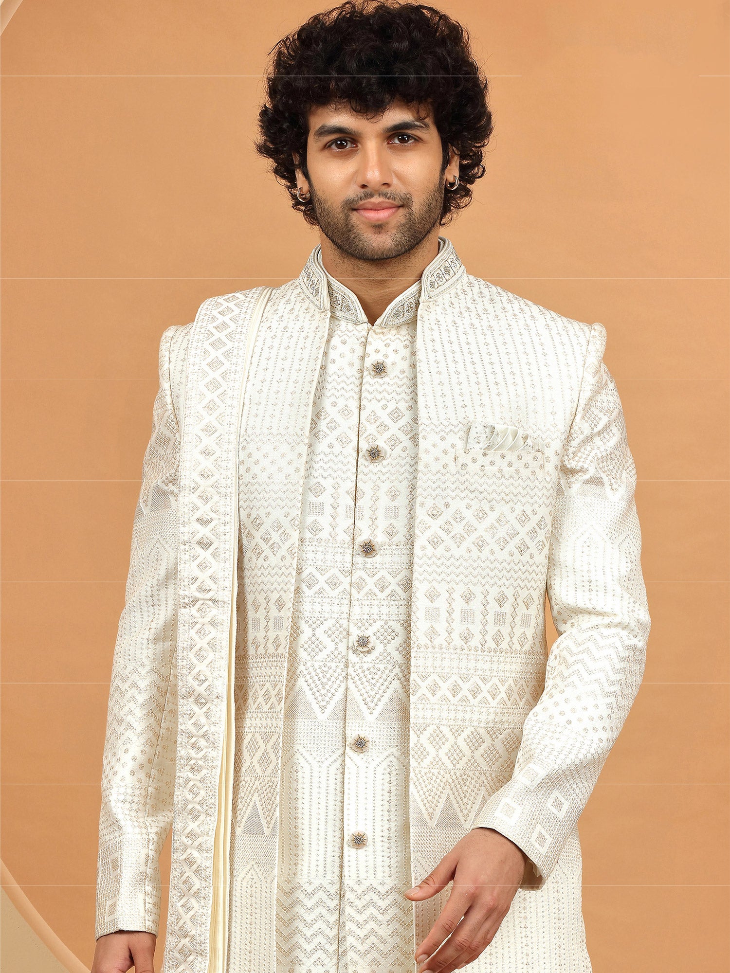 White Thread Work Embellished Mens Sherwani