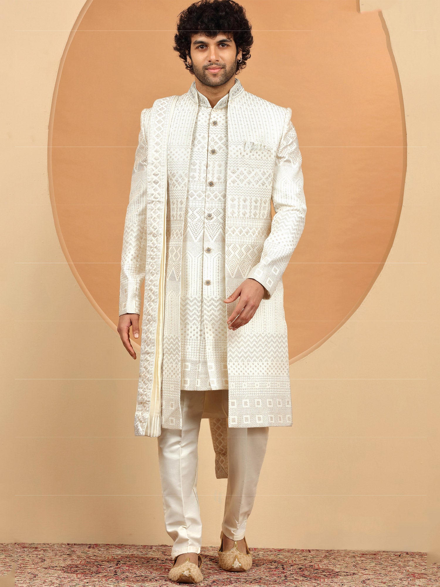 White Thread Work Embellished Mens Sherwani