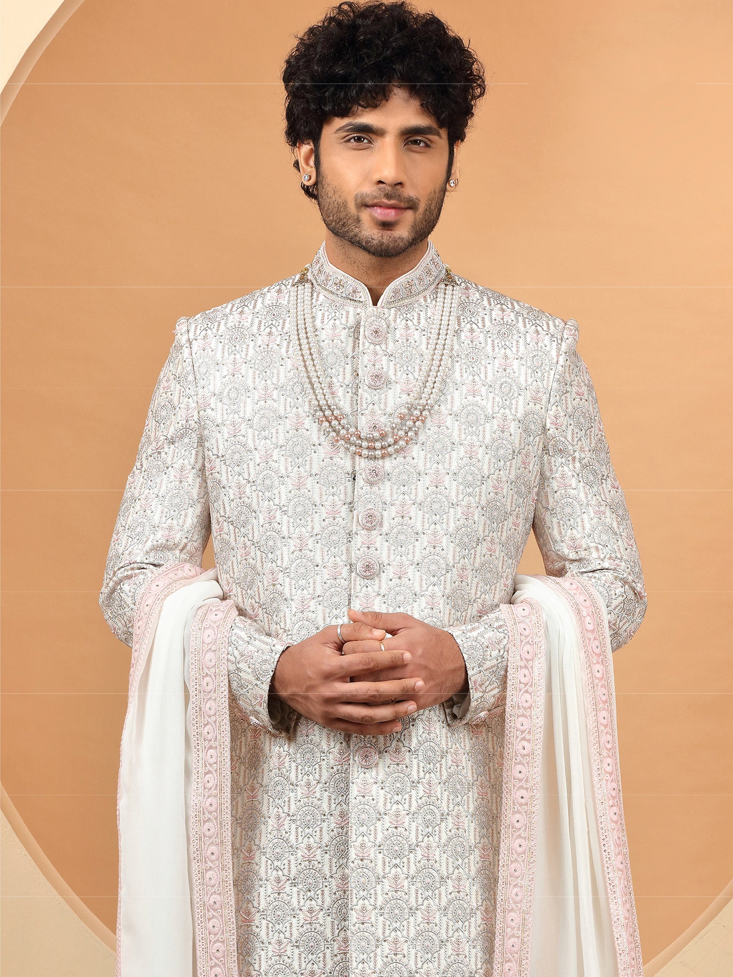 White Grooms Embroidered Sherwani In Silk