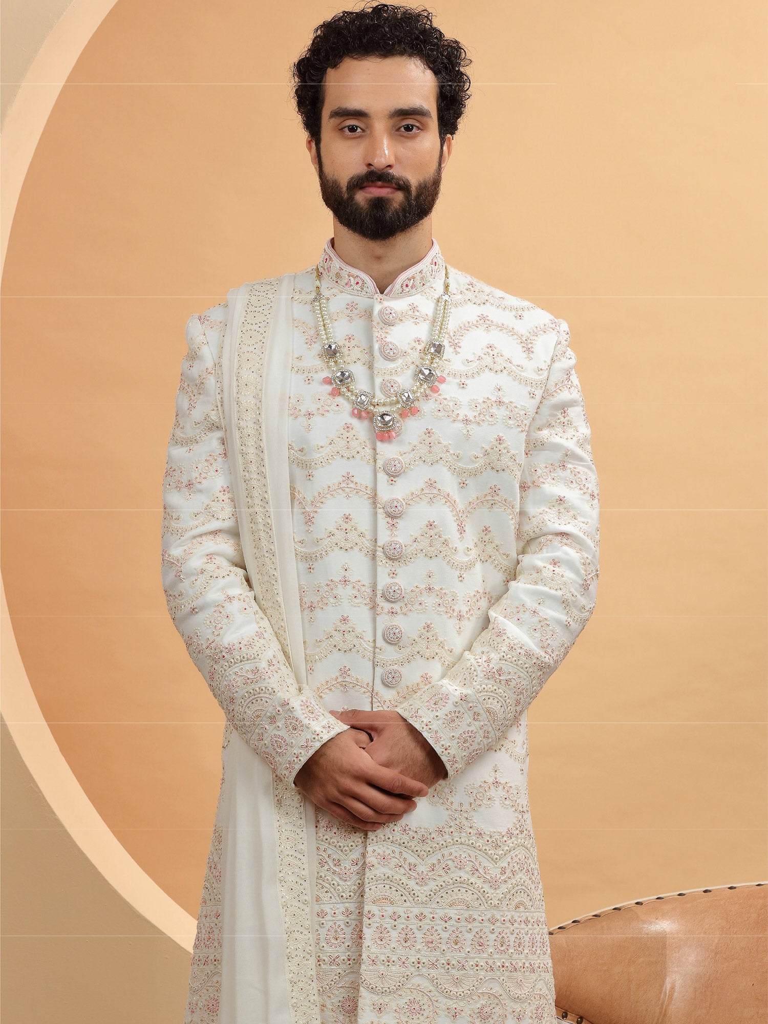 White Designer Sherwani For Groom In Silk