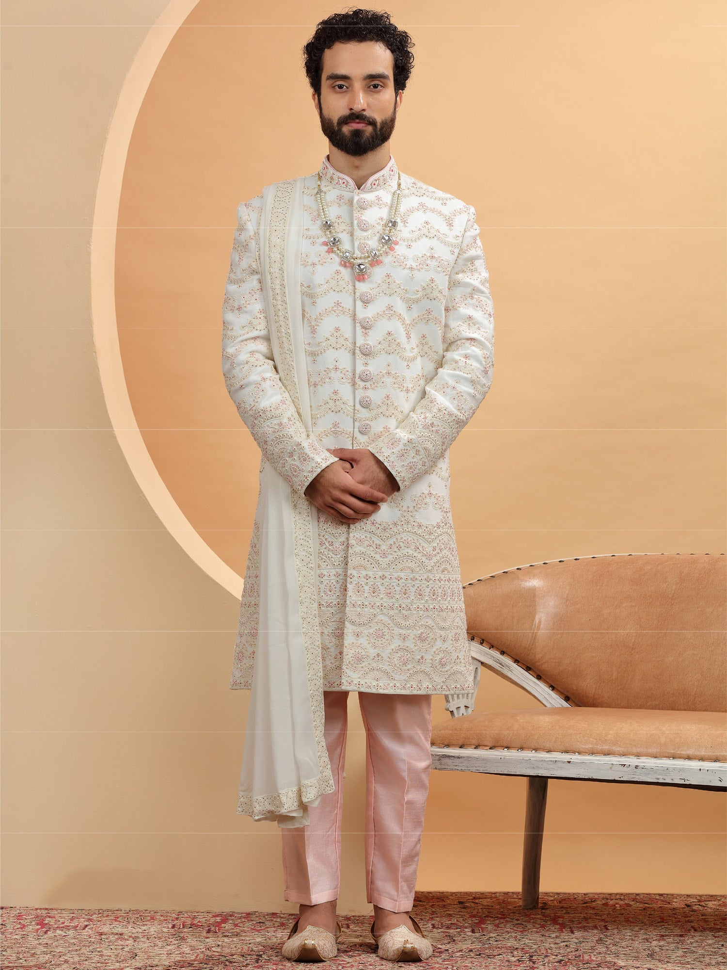 White Designer Sherwani For Groom In Silk