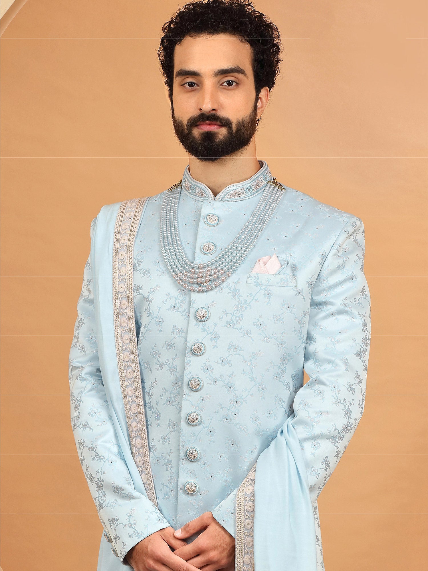 Blue Wedding Mens Sherwani In Jacquard