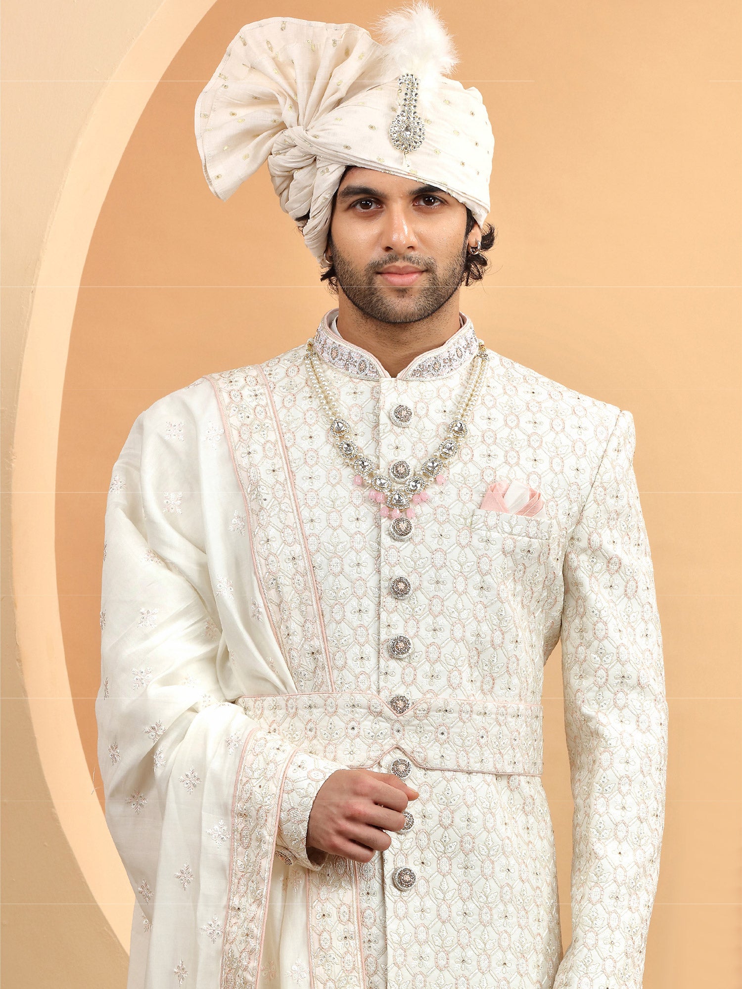 Off White Mens Sherwani With Anarkali Kurta