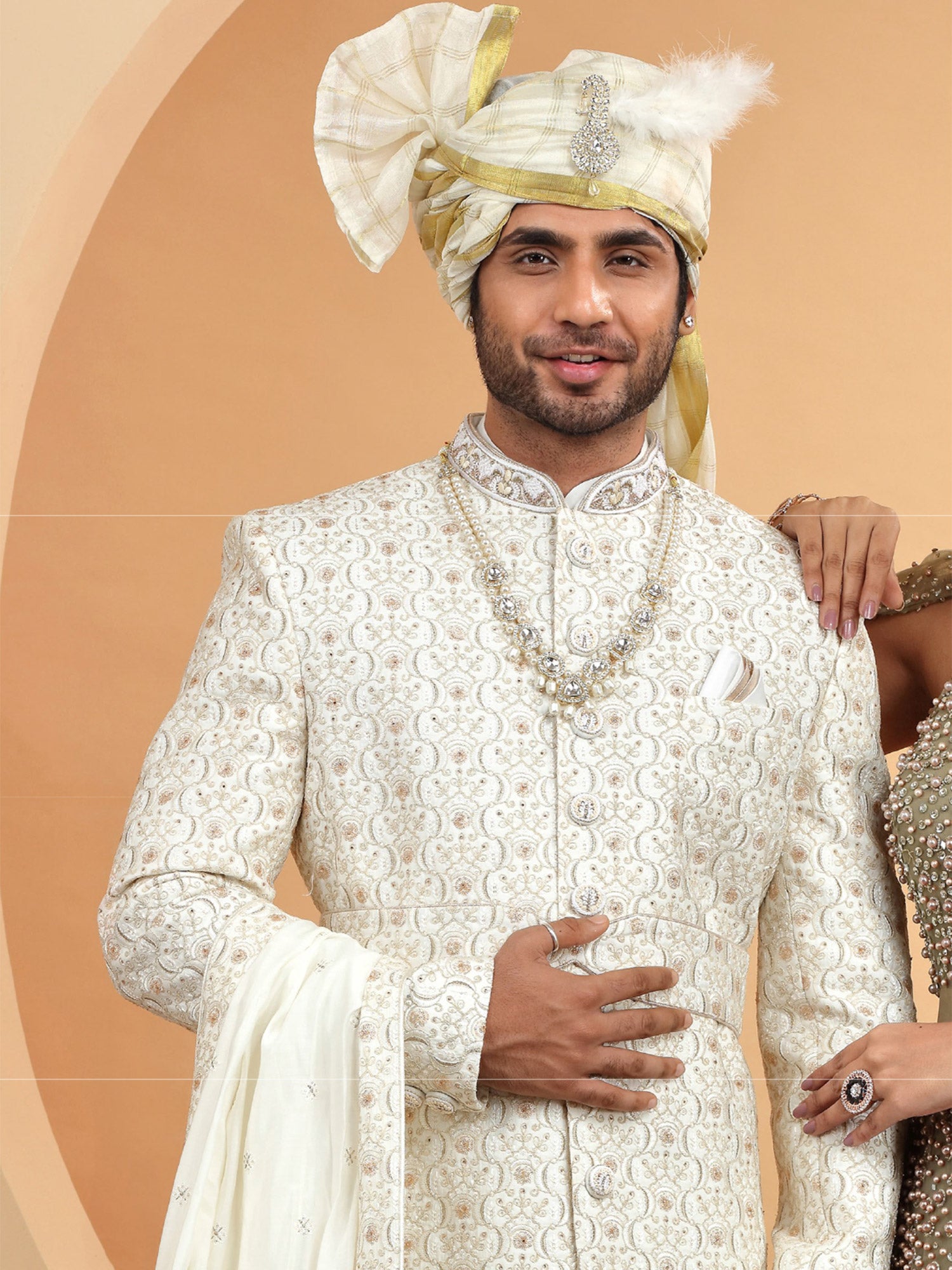 White Anrakali Styled Embroiderd Grooms Sherwani