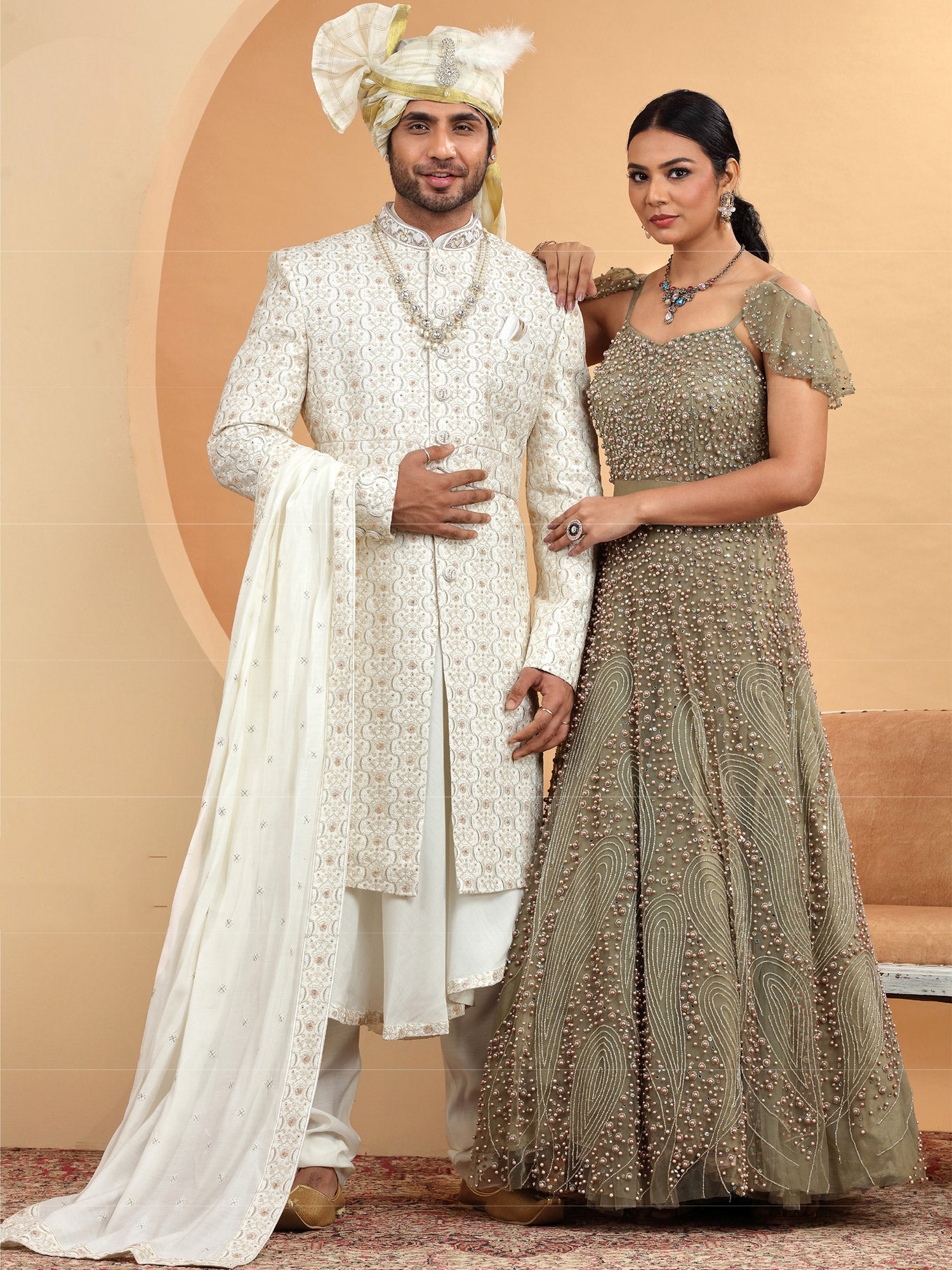 White Anrakali Styled Embroiderd Grooms Sherwani