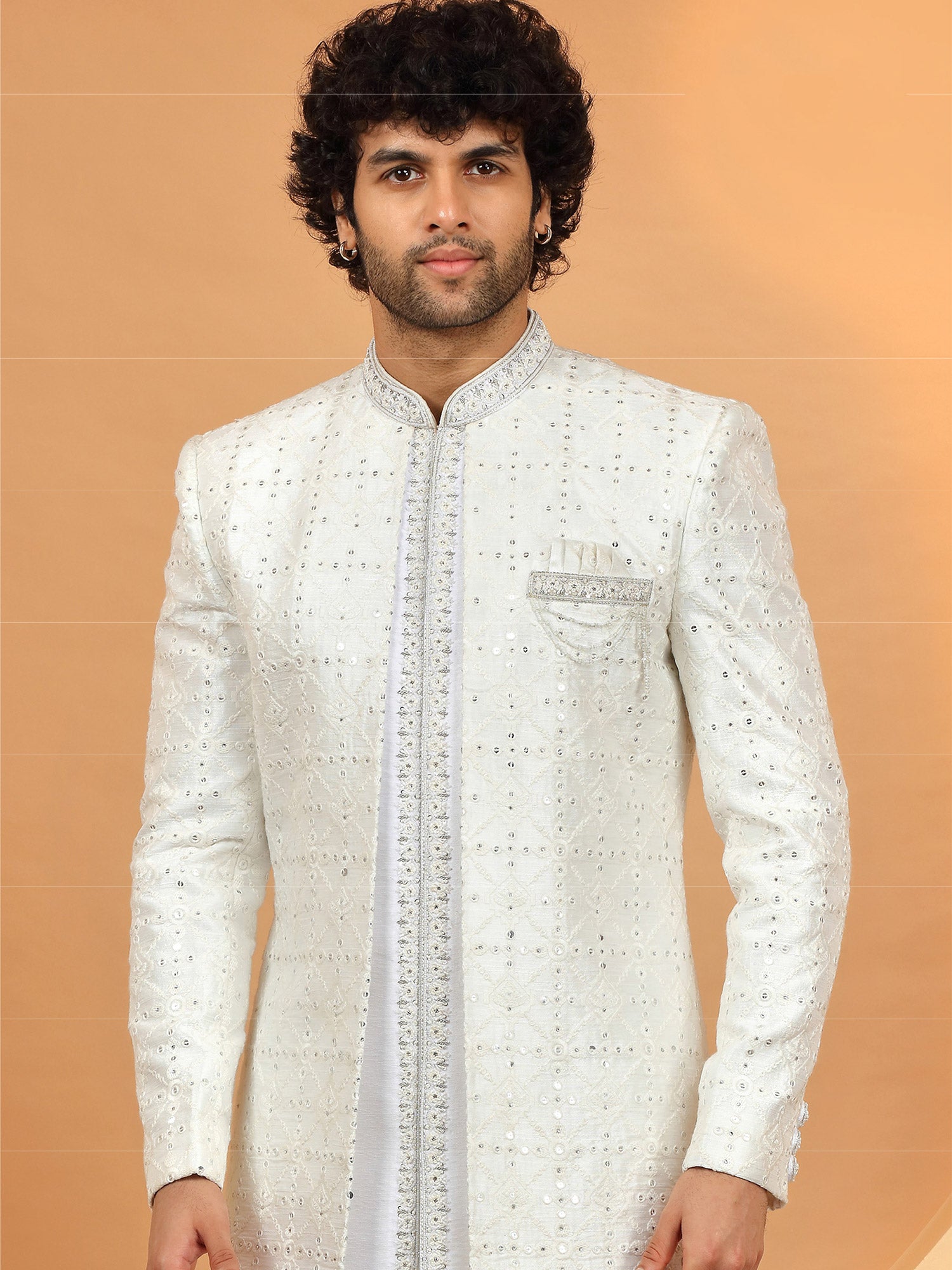 White Sequins Embellished Mens Sherwani