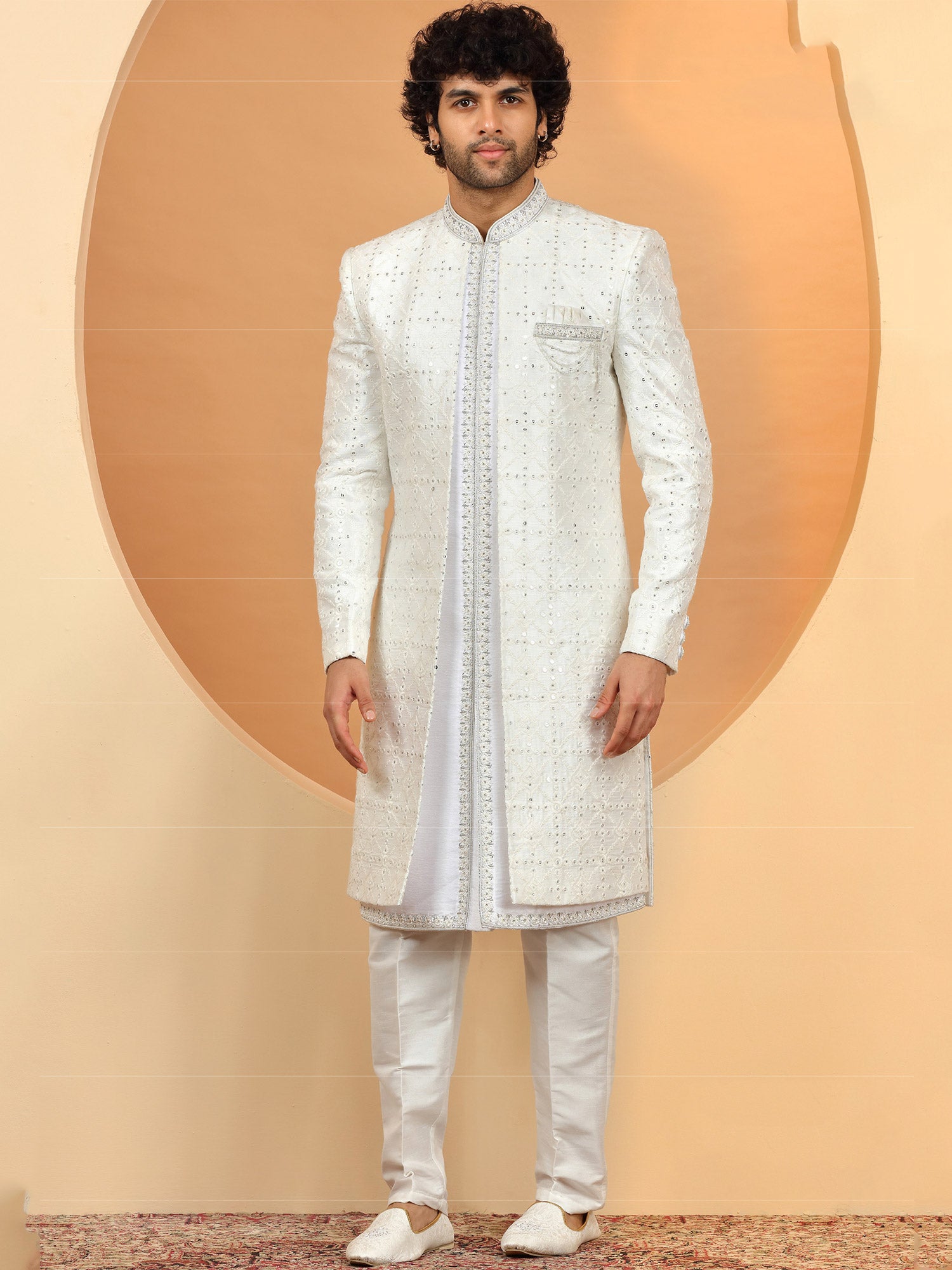 White Sequins Embellished Mens Sherwani