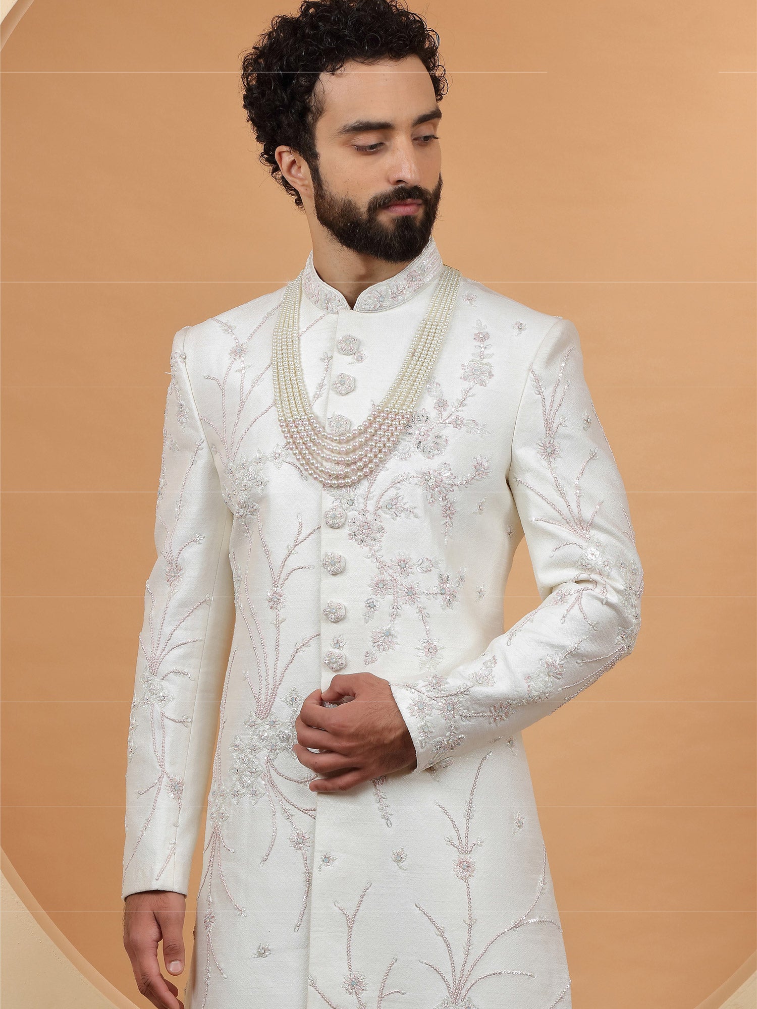 White Floral Embroidered Silk Sherwani For Groom