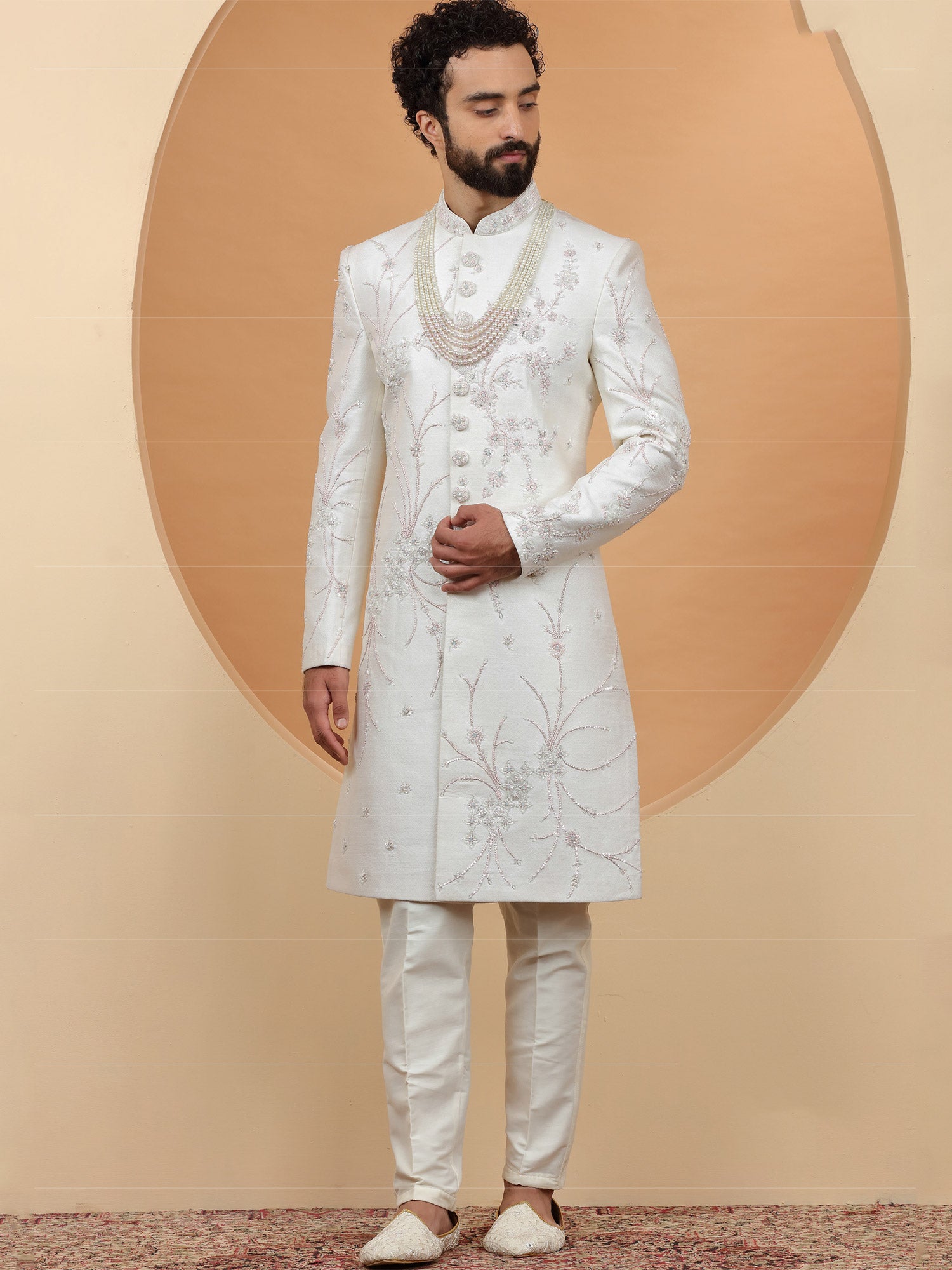 White Floral Embroidered Silk Sherwani For Groom