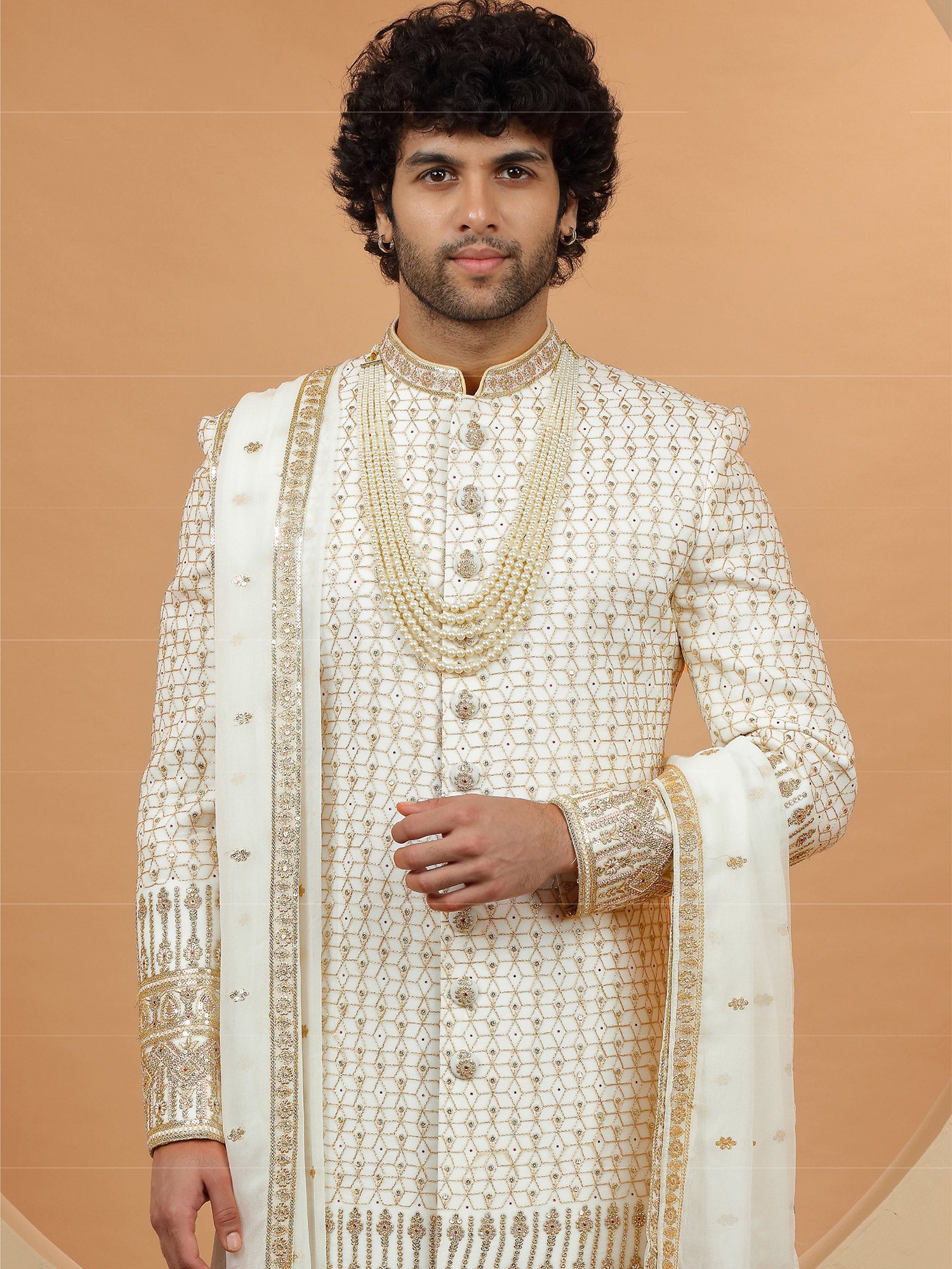 Cream Zari Embellished Grooms Sherwani In Silk