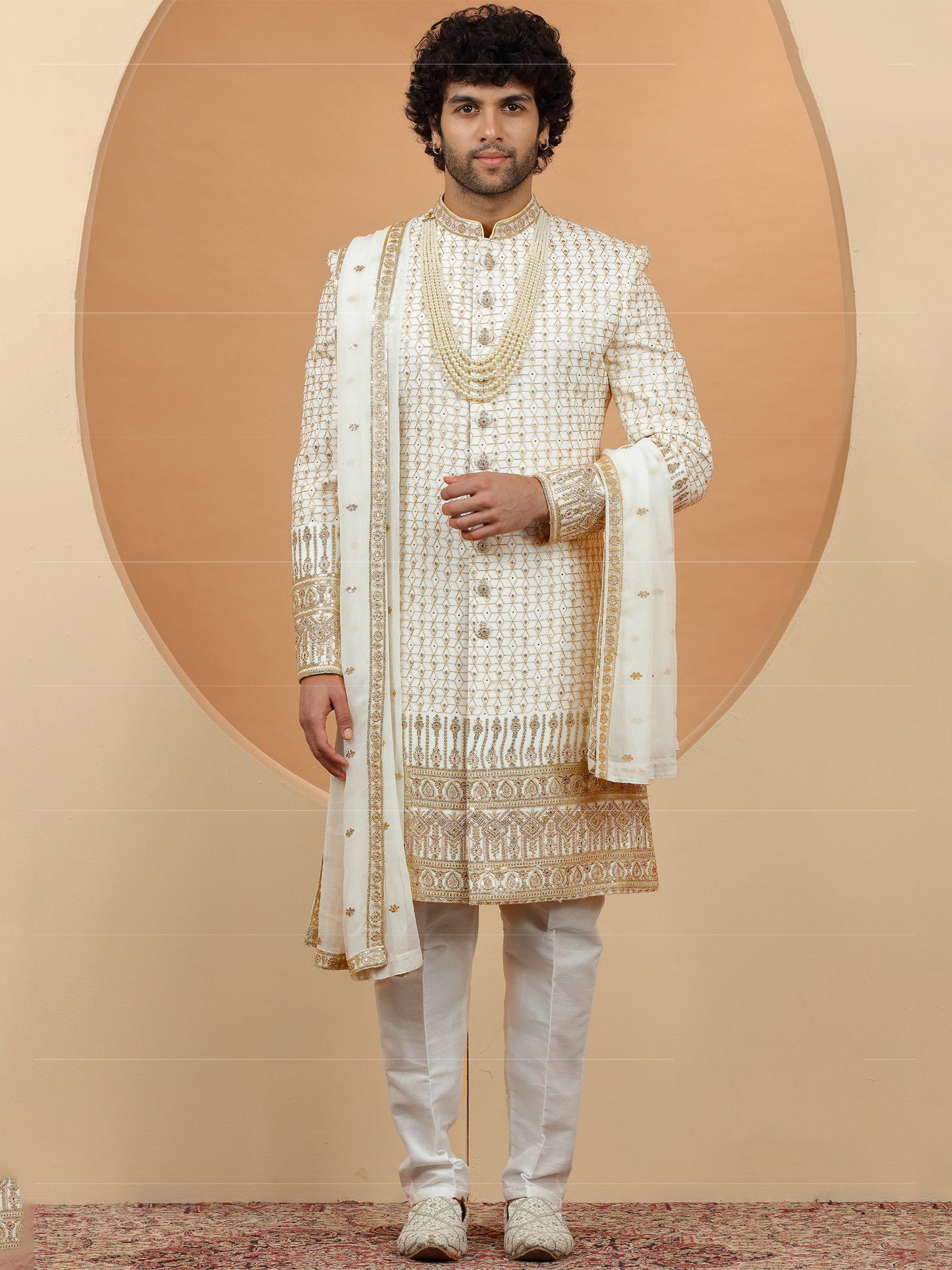 Cream Zari Embellished Grooms Sherwani In Silk