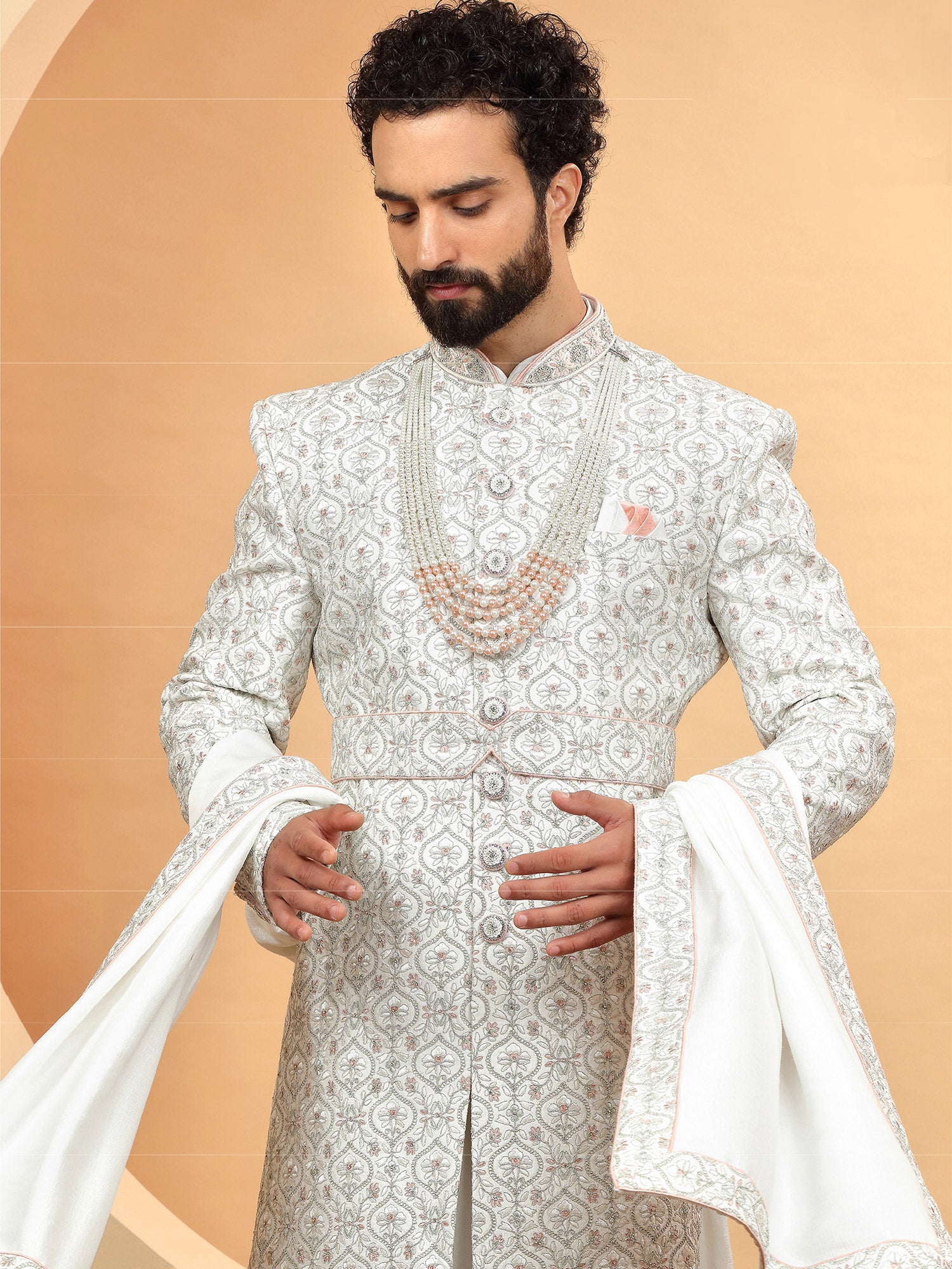White Wedding Grooms Sherwani With Anarkali Kurta
