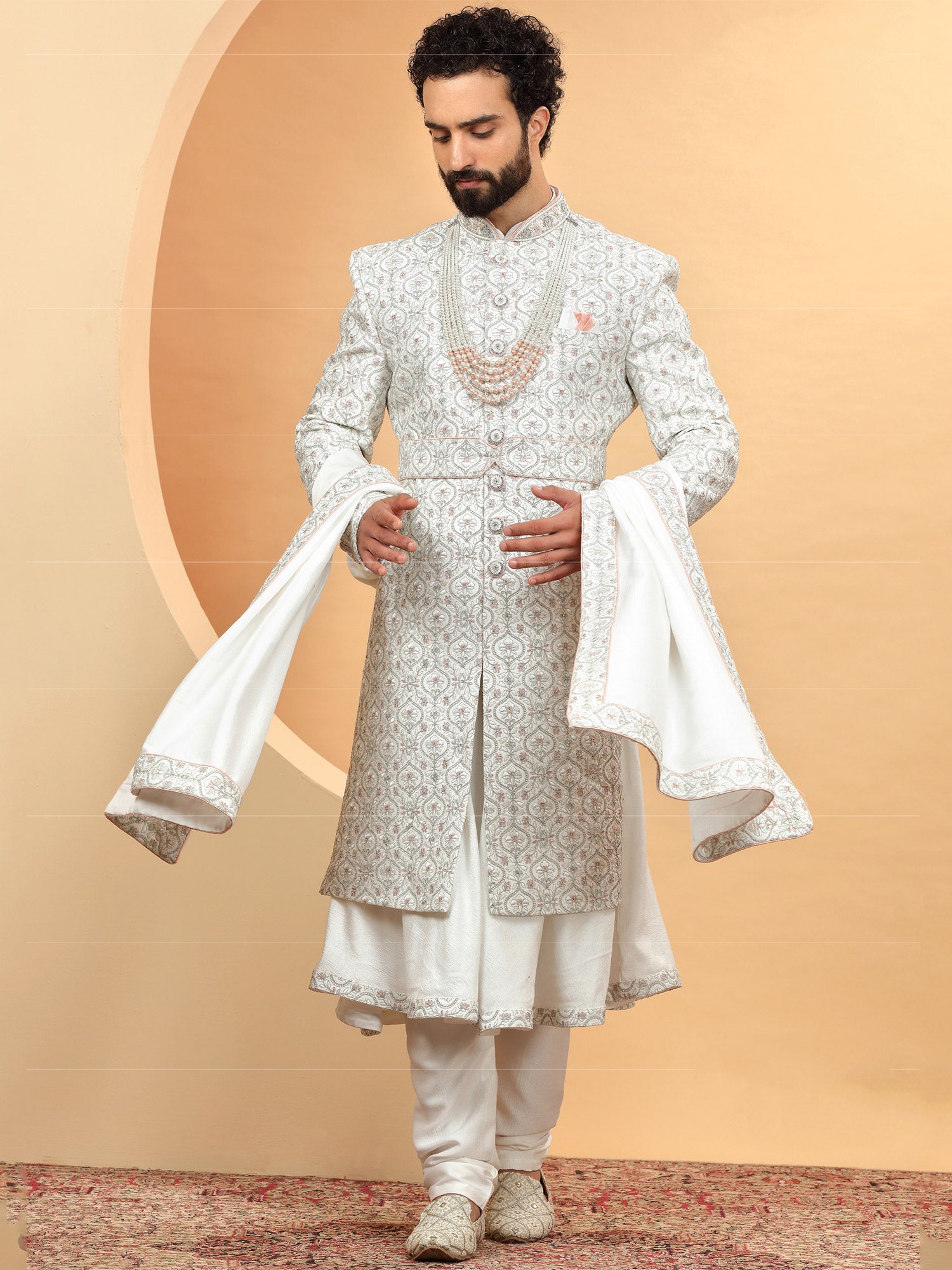 White Wedding Grooms Sherwani With Anarkali Kurta