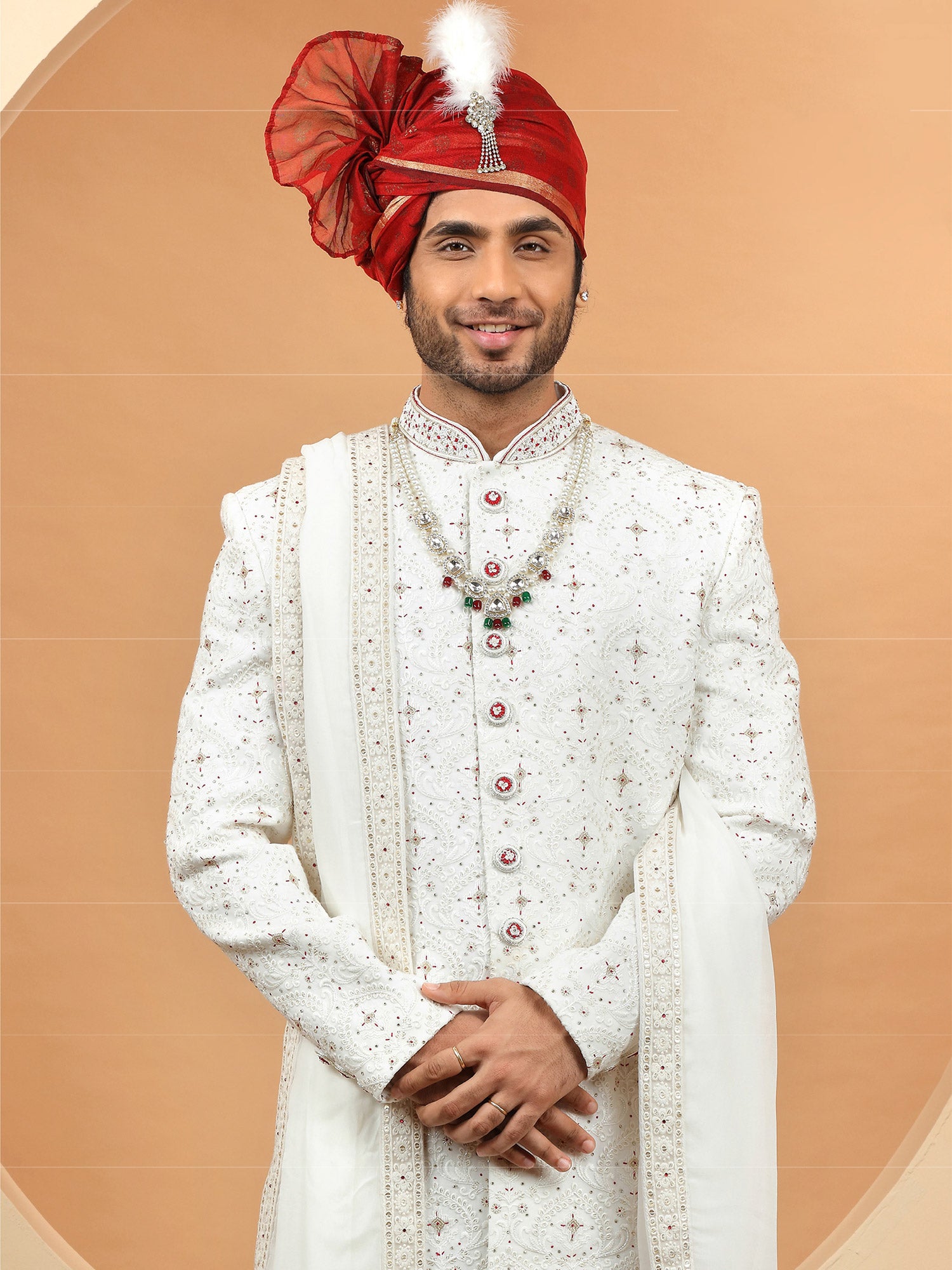 White Thread Embroidered Wedding Wear Sherwani