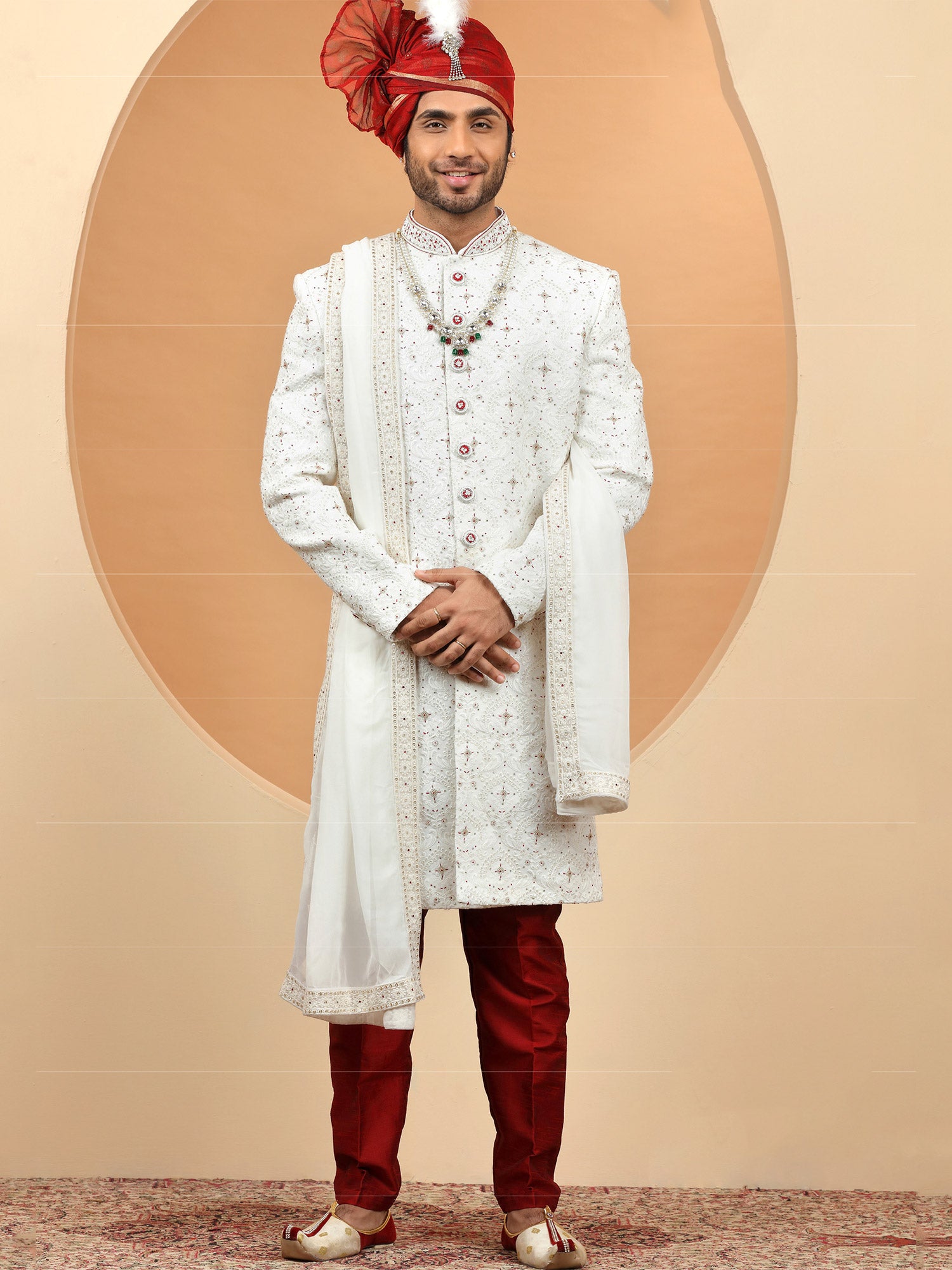 White Thread Embroidered Wedding Wear Sherwani