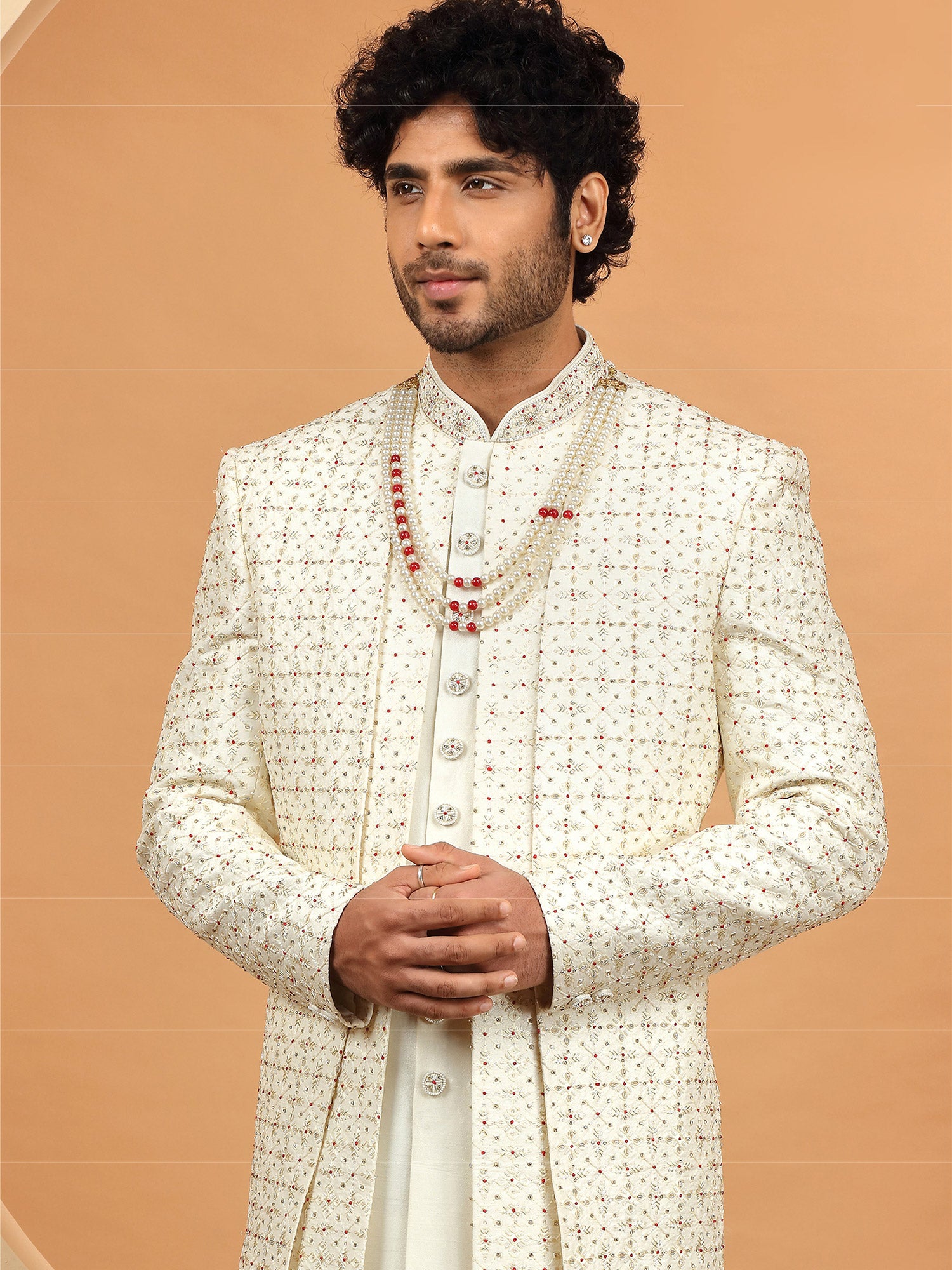 Cream Asymmetric Heavy Embroidered Sherwani