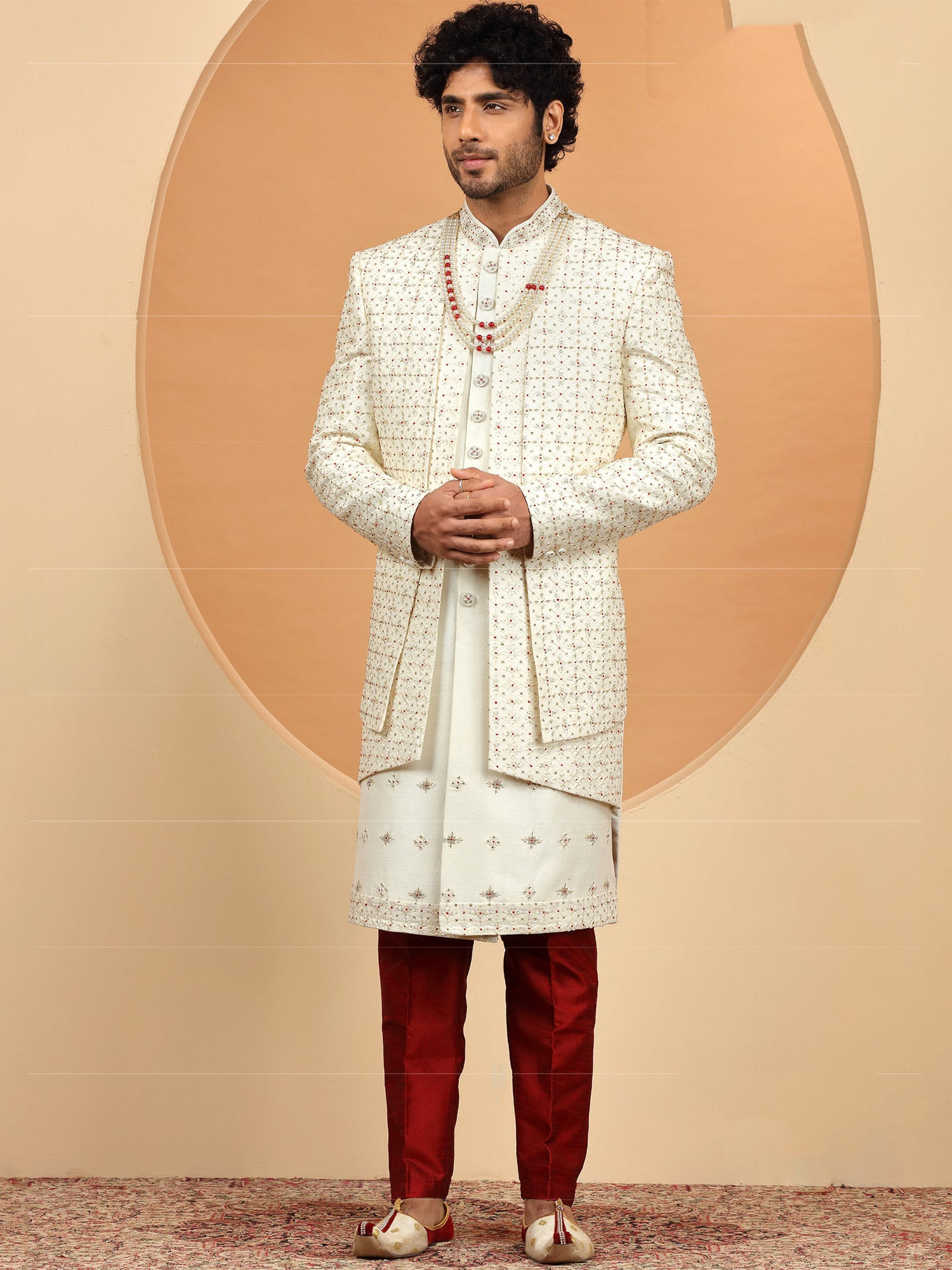 Cream Asymmetric Heavy Embroidered Sherwani