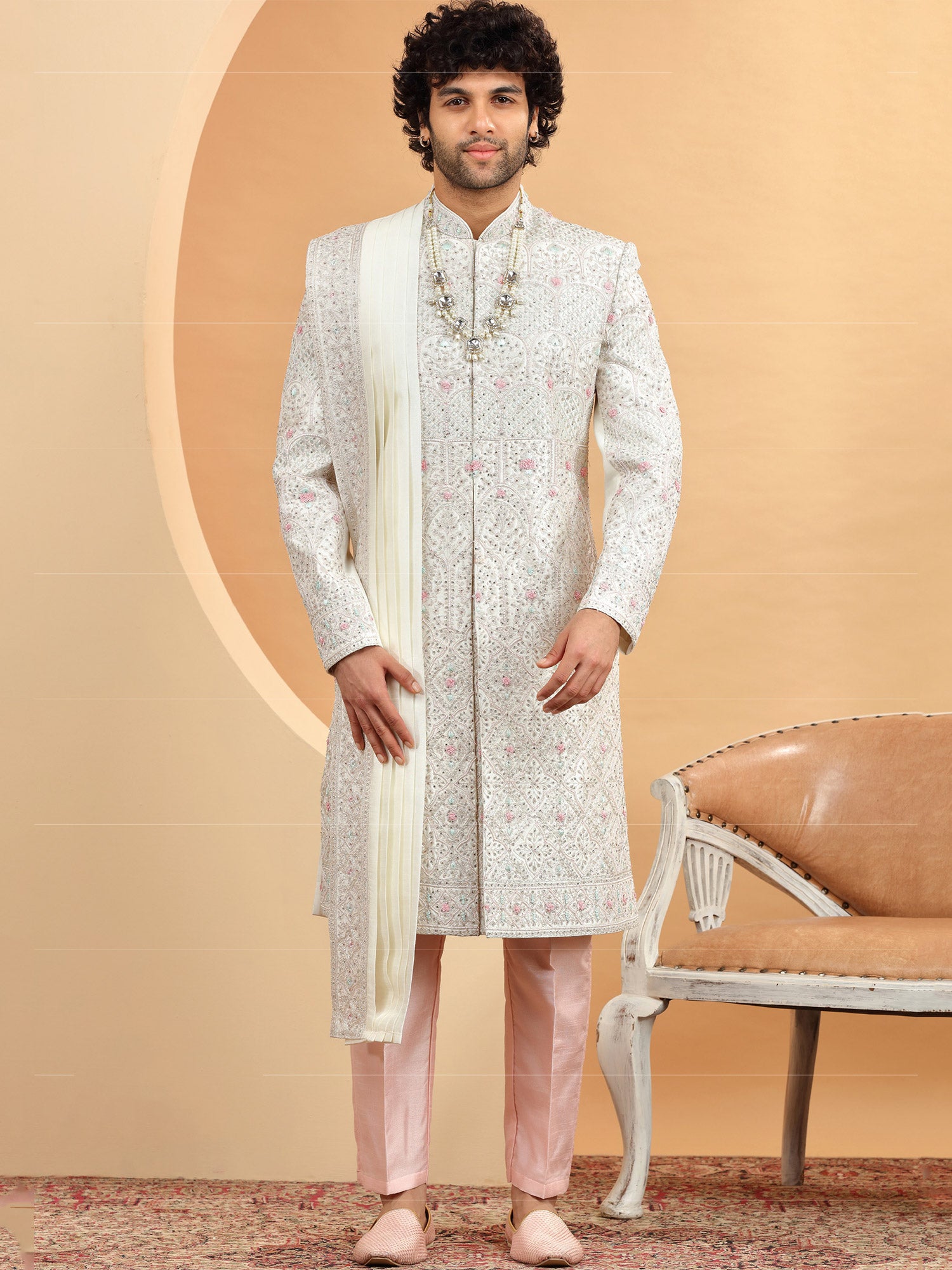 White Grooms Wedding Sherwani Set In Silk