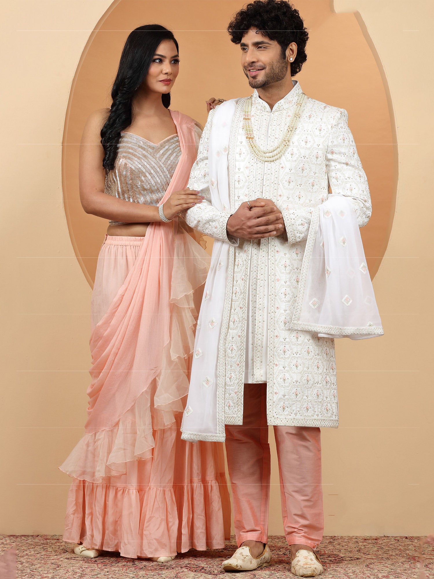 White Silk Grooms Sherwani In Geometric Pattern
