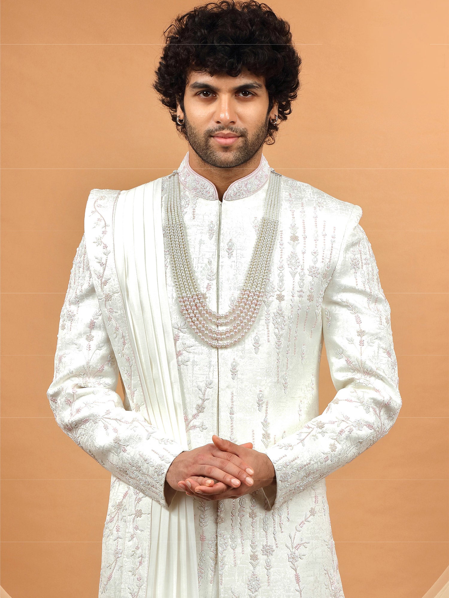 White Floral Motif Embellished Mens Sherwani