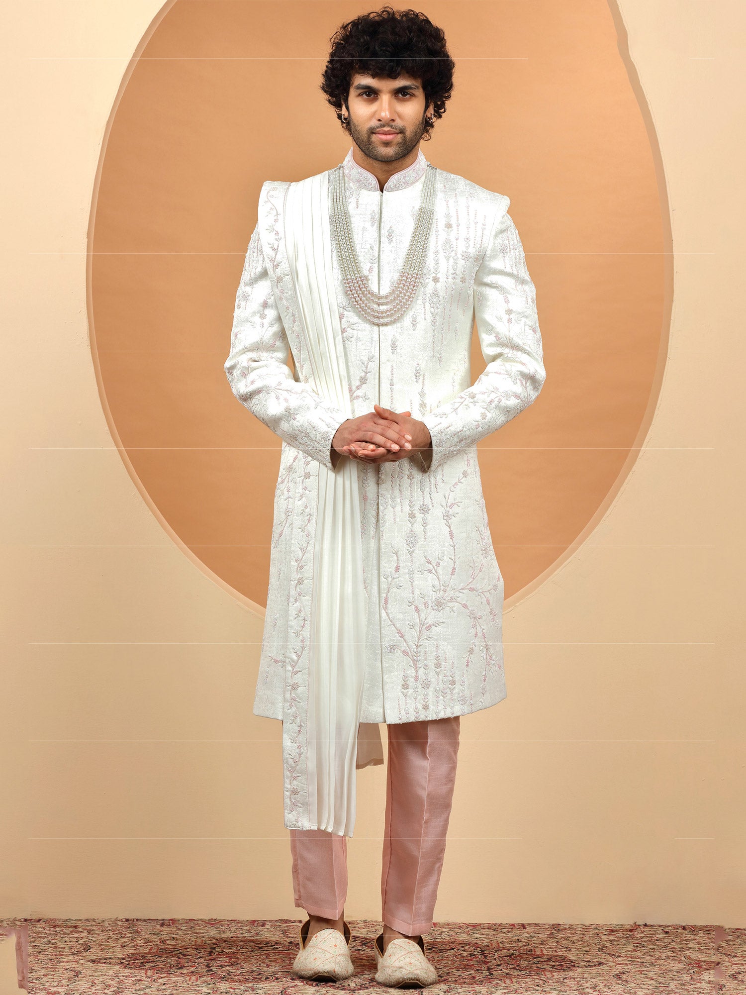 White Floral Motif Embellished Mens Sherwani