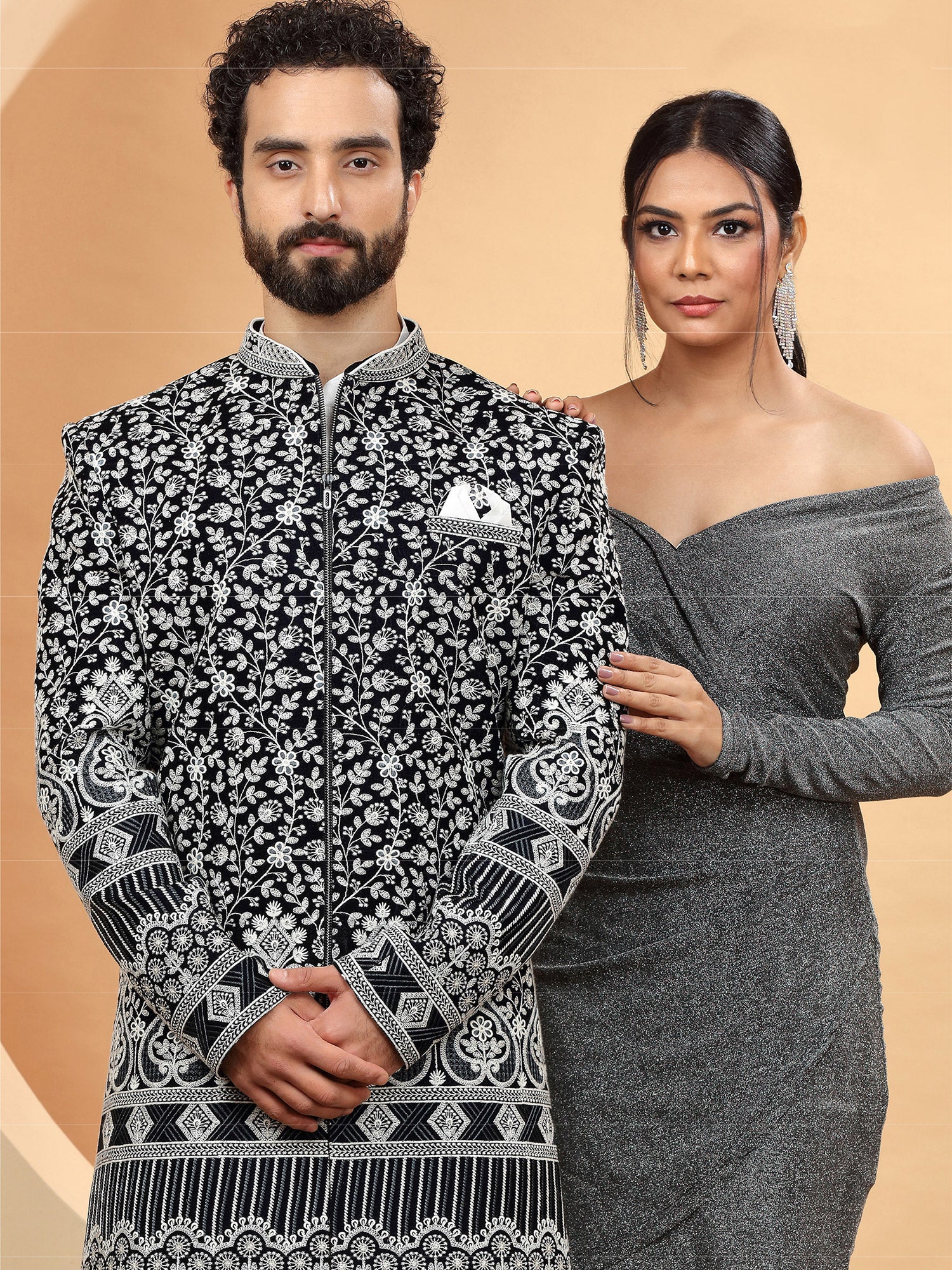 Black Chikankari Designed Mens Sherwani