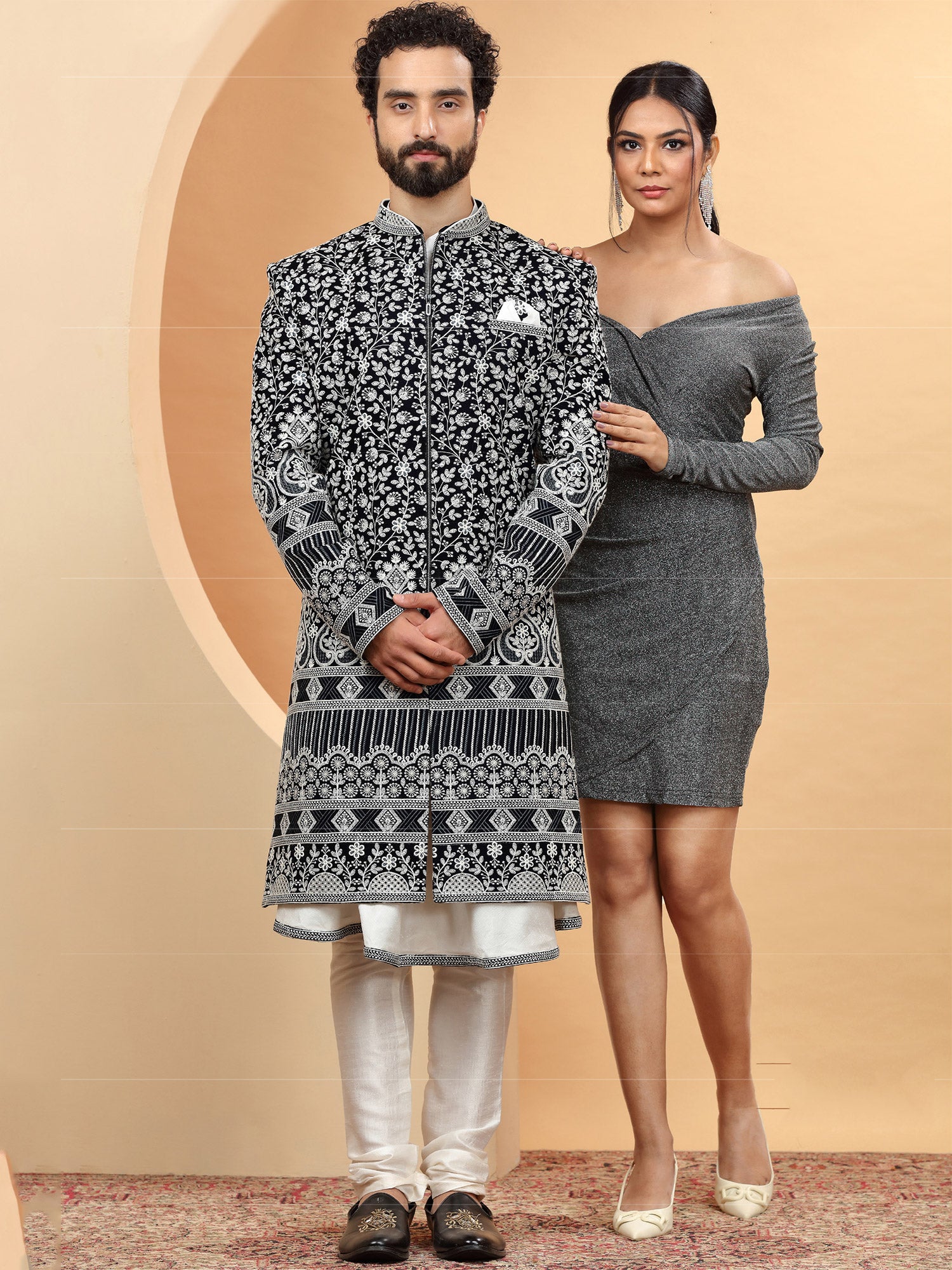 Black Chikankari Designed Mens Sherwani