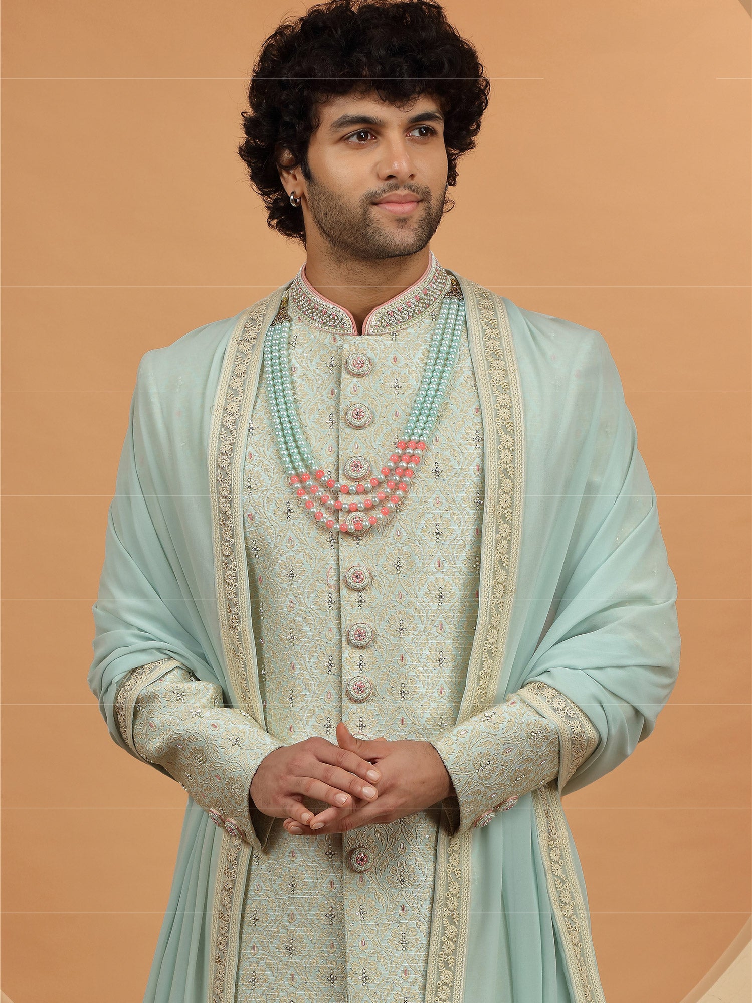 Pistachio Green Color Mens Sherwani In Jacquard