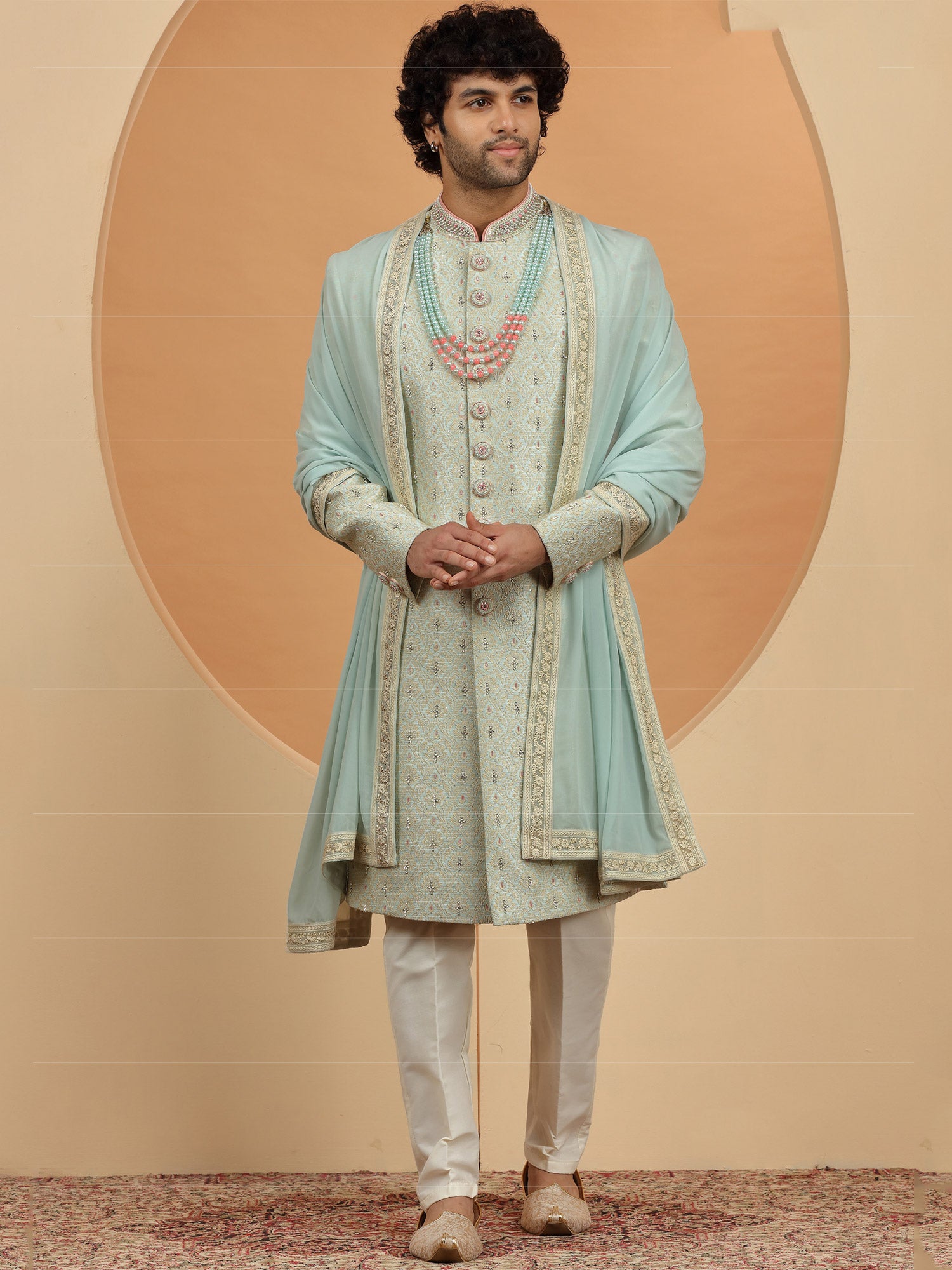 Pistachio Green Color Mens Sherwani In Jacquard