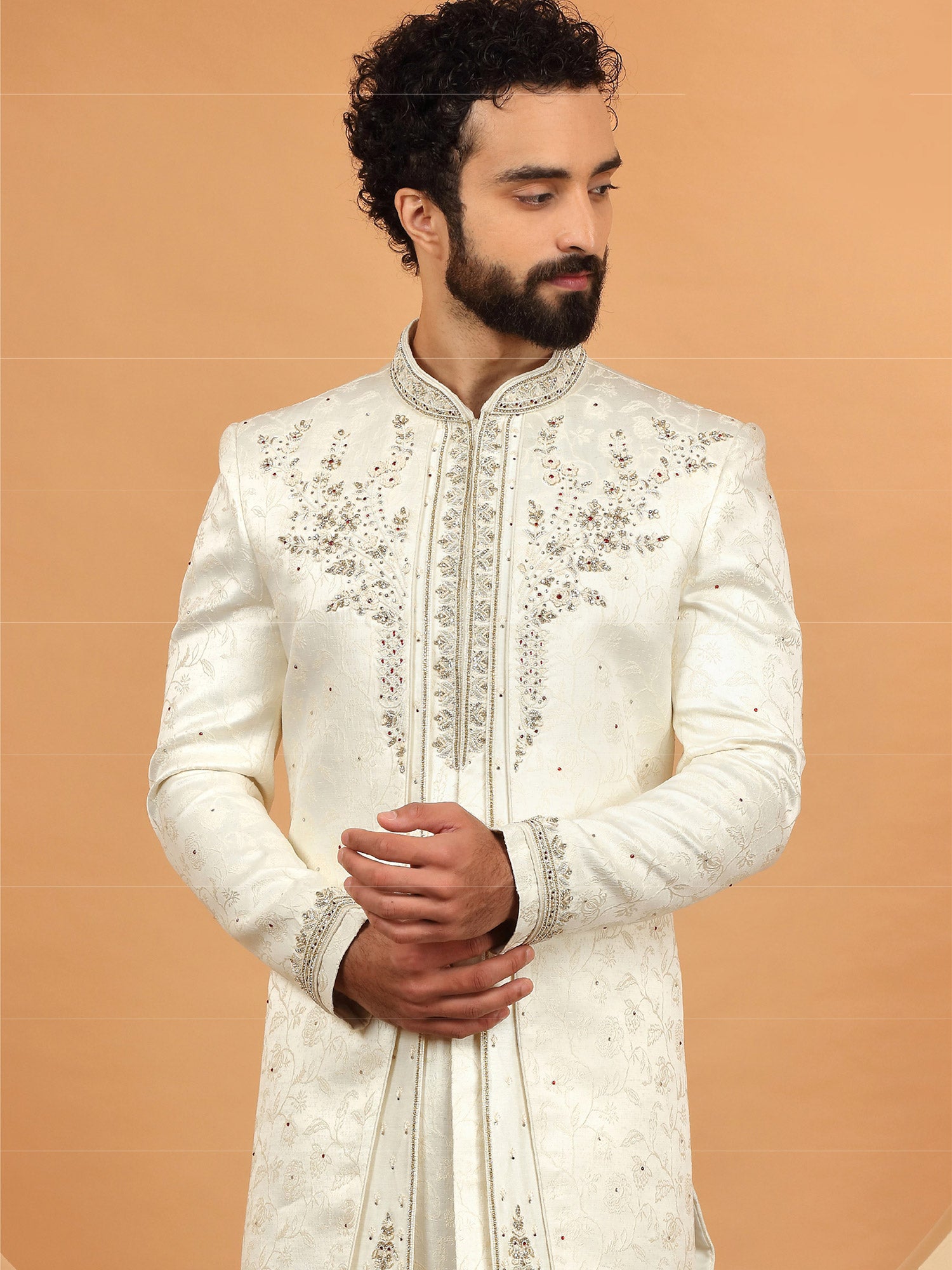 White Jacquard Mens Sherwani In Embroidery