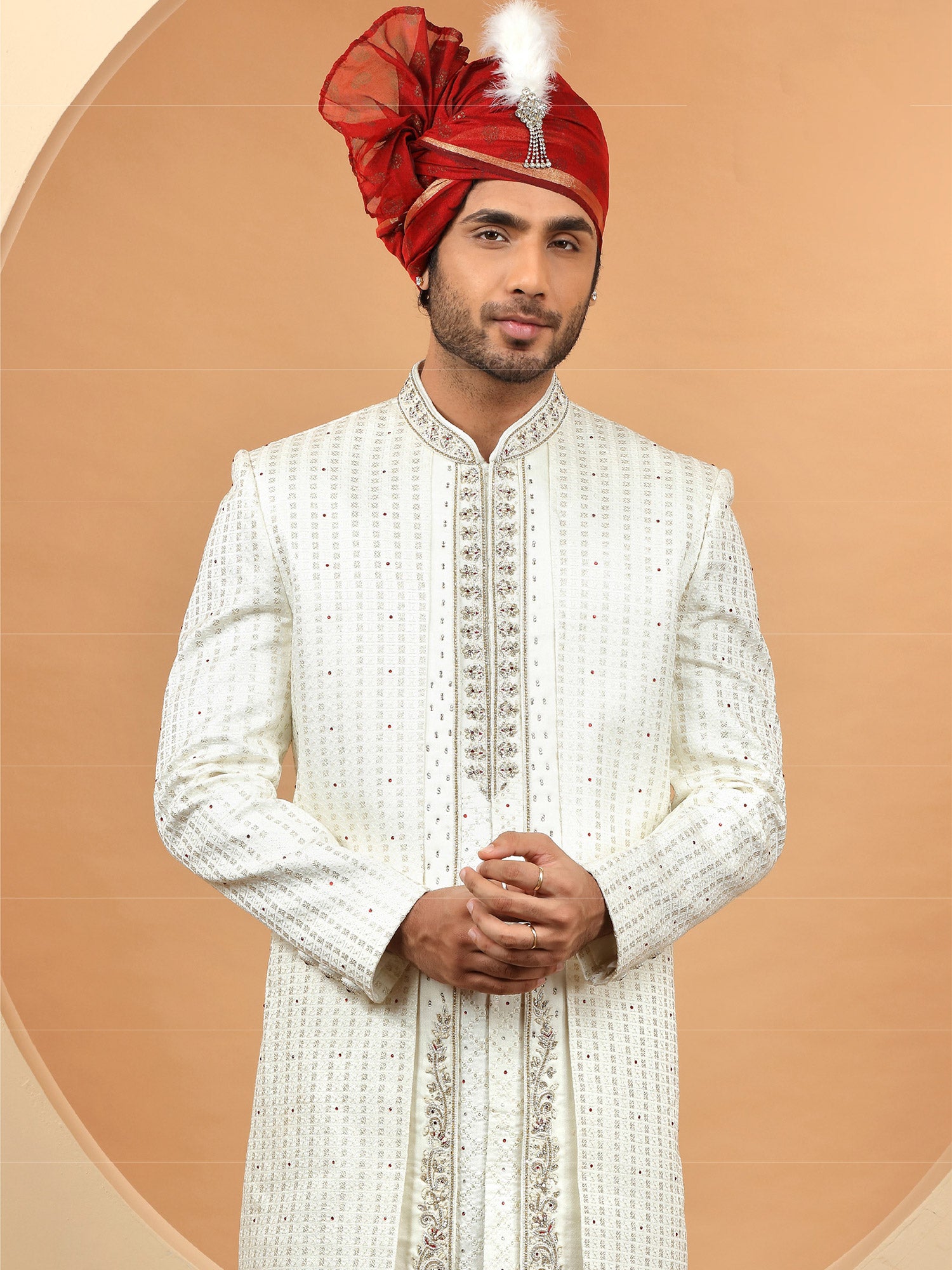 White Silk Mens Sherwani In Jacketed Style