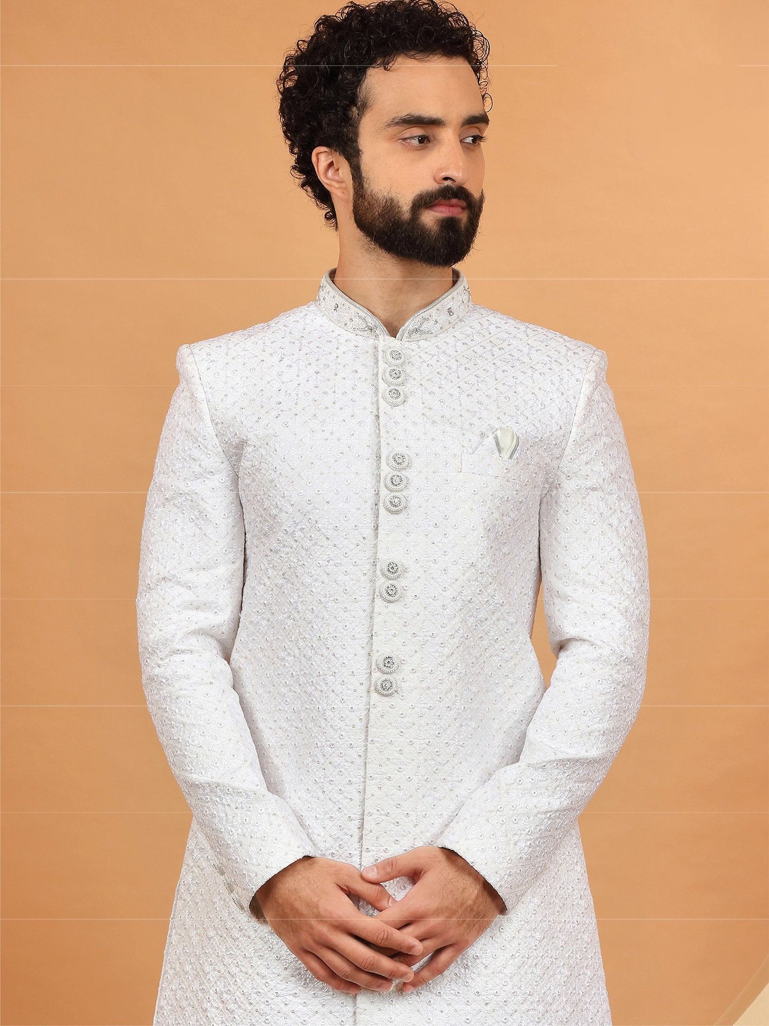 White Silk Wedding Sherwani For Mens