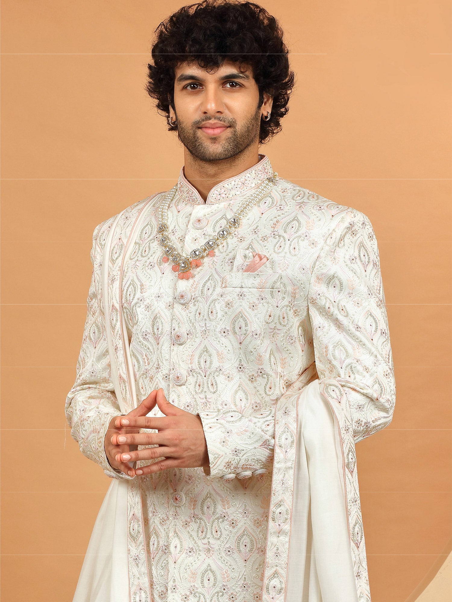 White Embroidered Grooms Sherwani In Silk