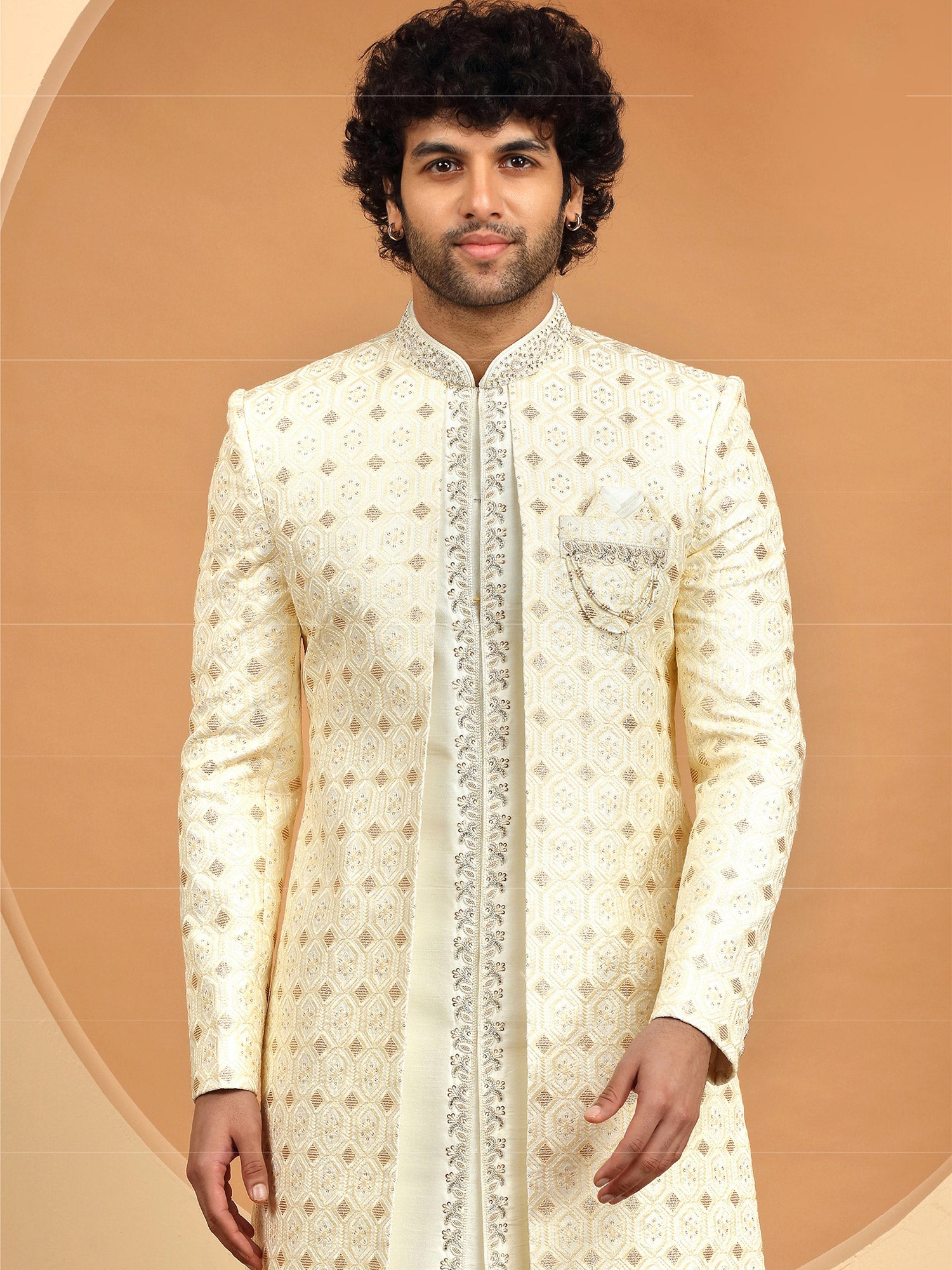 Warm White Floral Motif Embroidered Mens Sherwani