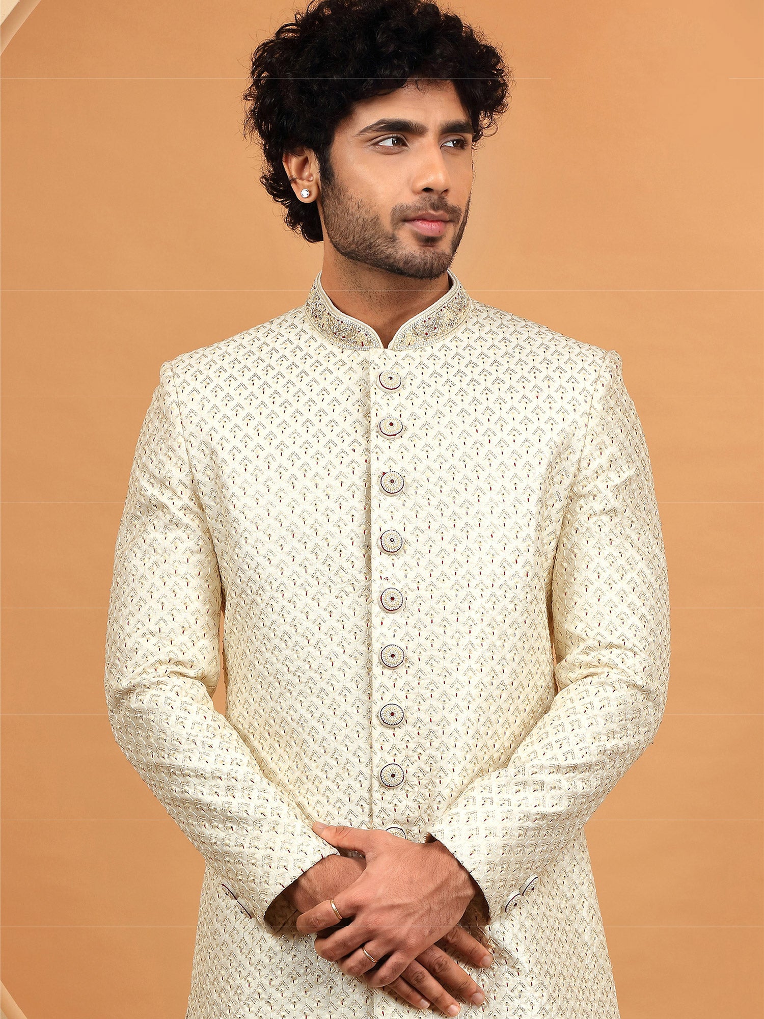 Cream Ravishing Hand Embroidered Silk Sherwani