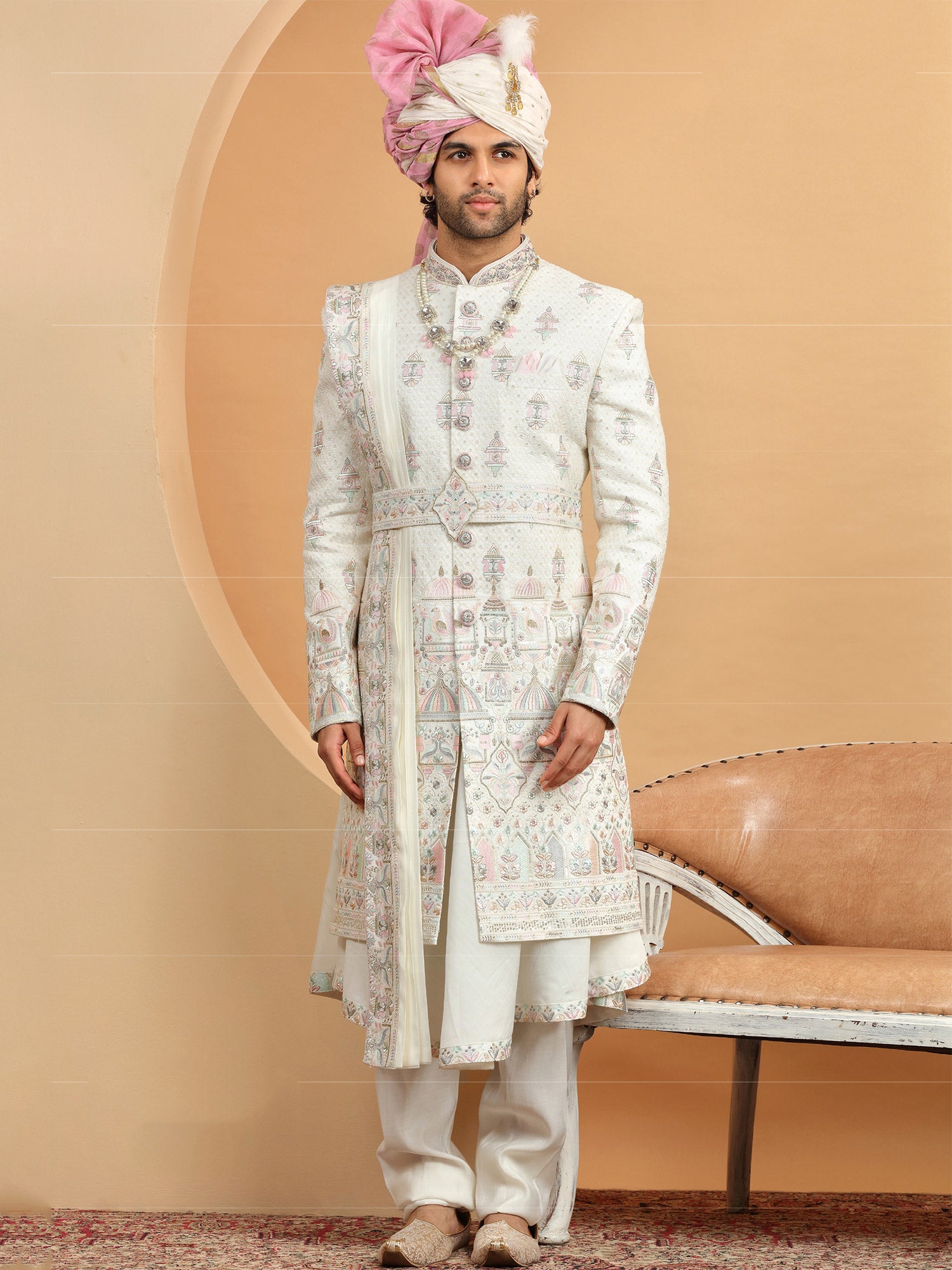 White Silk Grooms Anarkali Kurta Sherwani