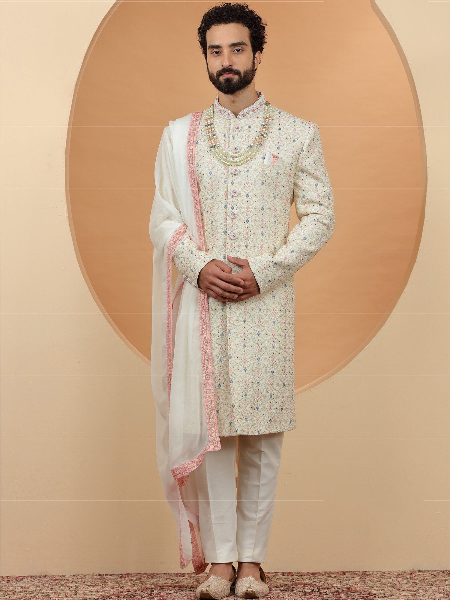 Cream Embroidered Silk Sherwani For Groom