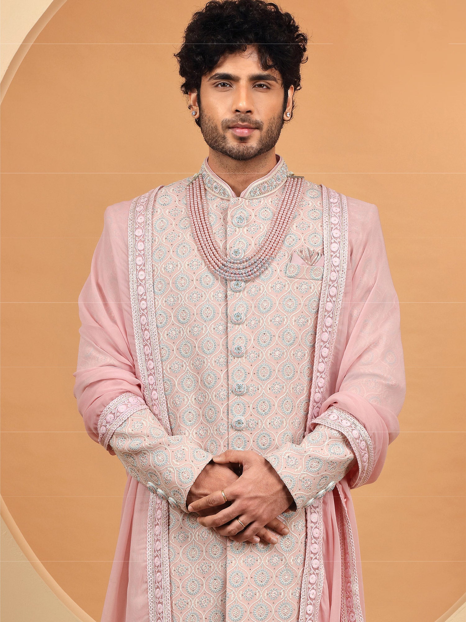 Pink Hand Work Embroidered Mens Sherwani
