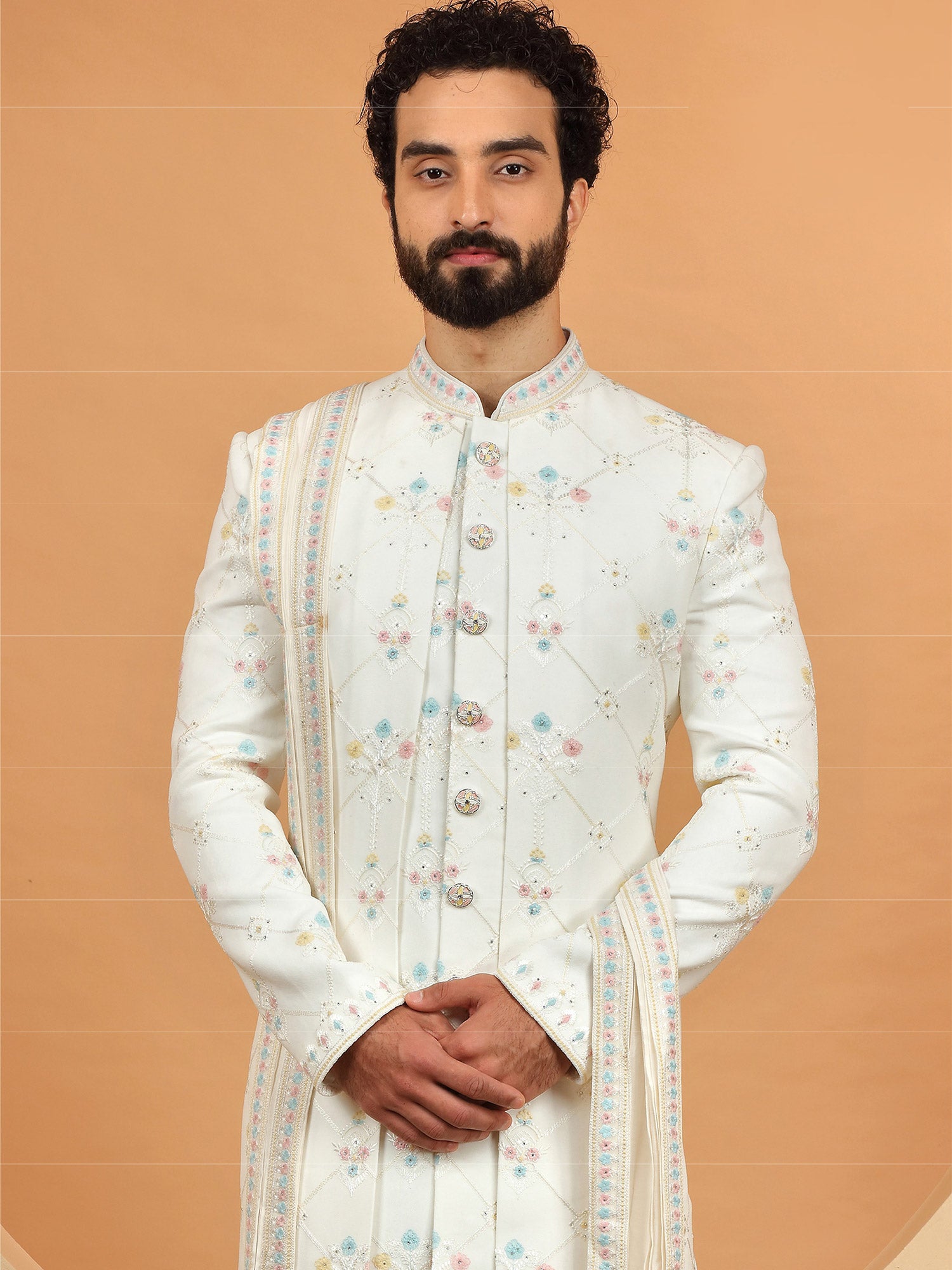 White Thread Embroidered Sherwani For Mens
