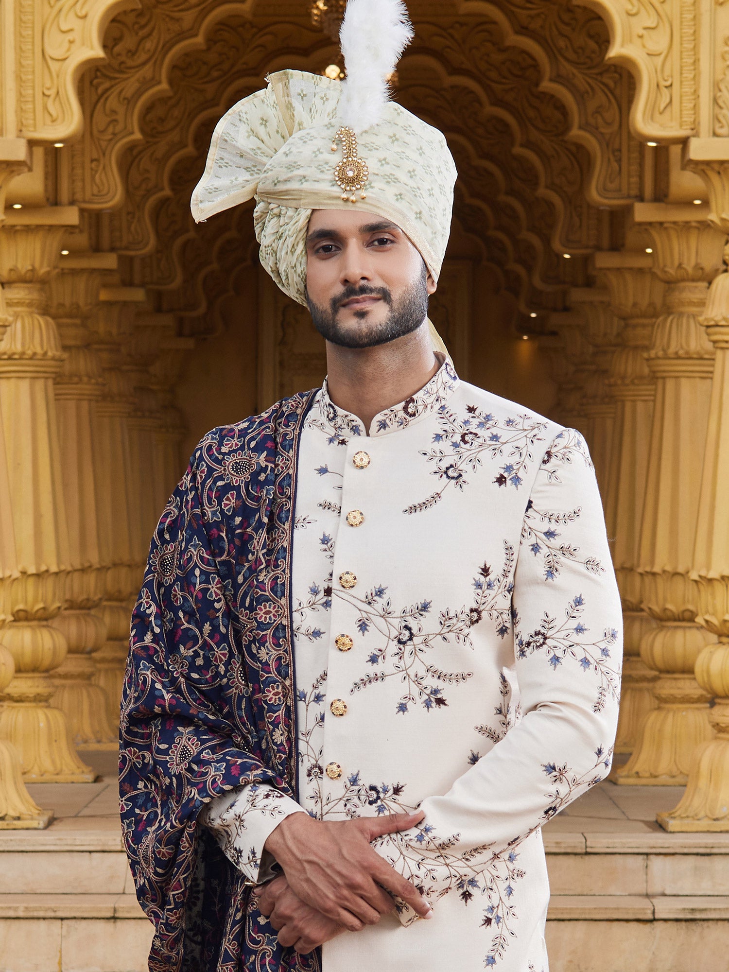 Cream Floral Motif Embellished Mens Sherwani