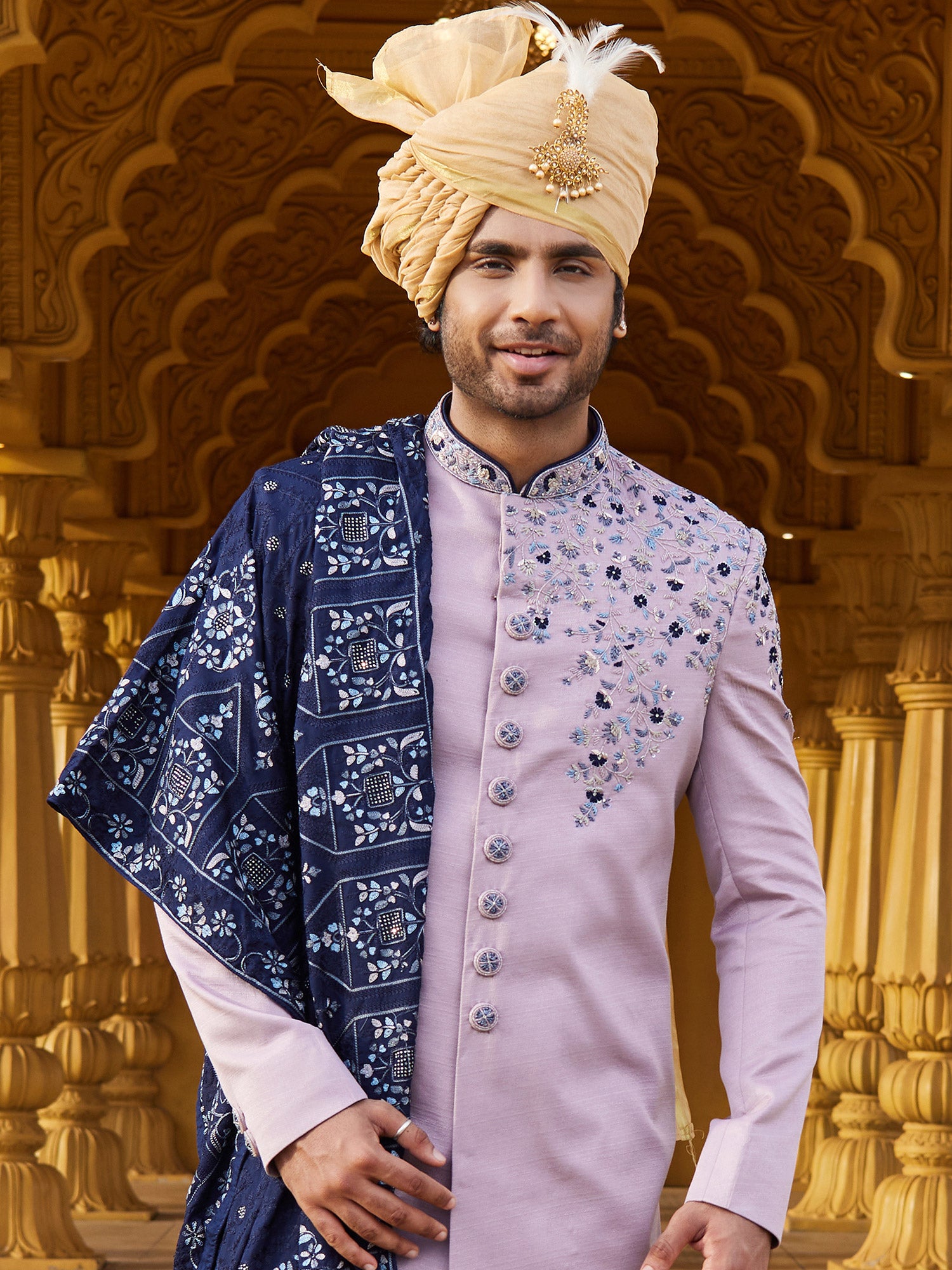 Purple Shoulder Embroidered Sherwani For Mens