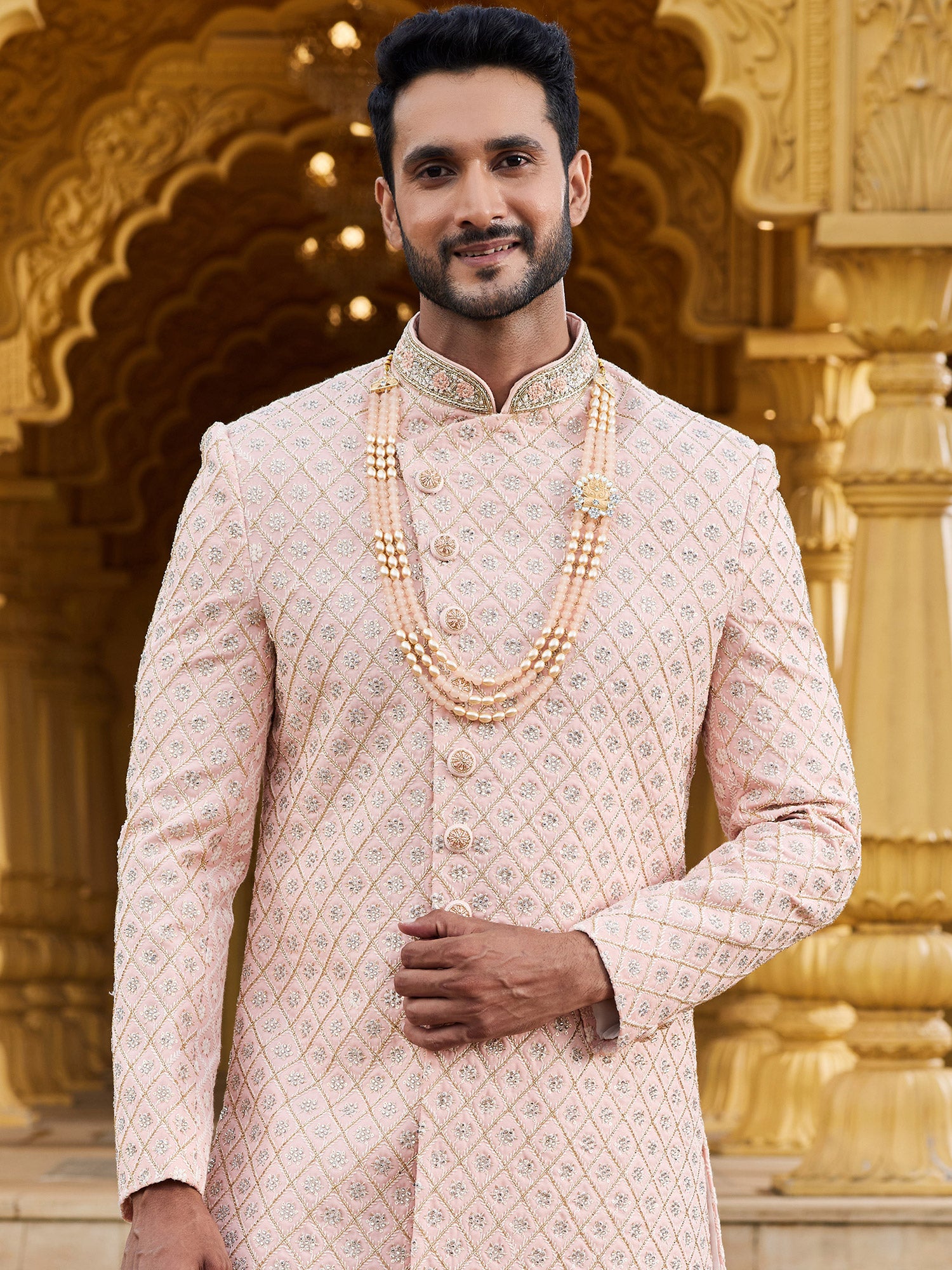 Pink Mens Sherwani In Geometric Pattern