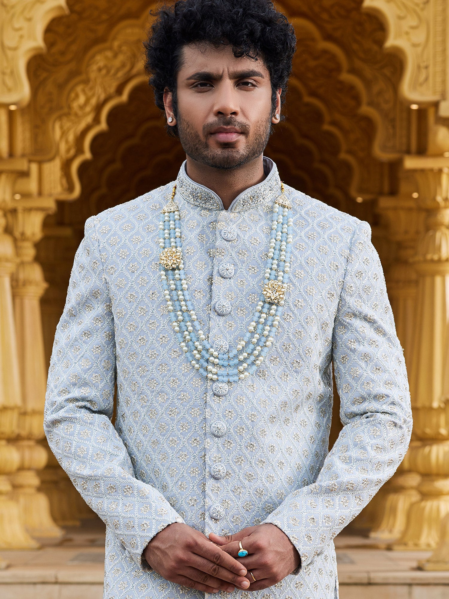Blue Stone Work Silk Sherwani