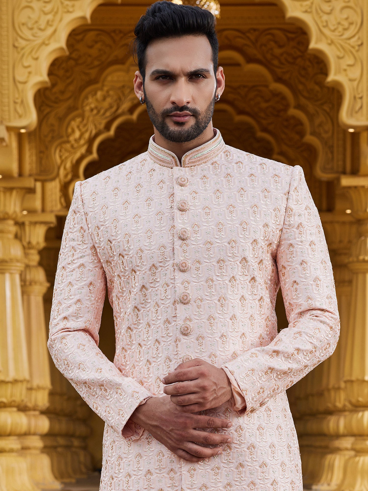 Peach Thread Embroidered Mens Silk Sherwani