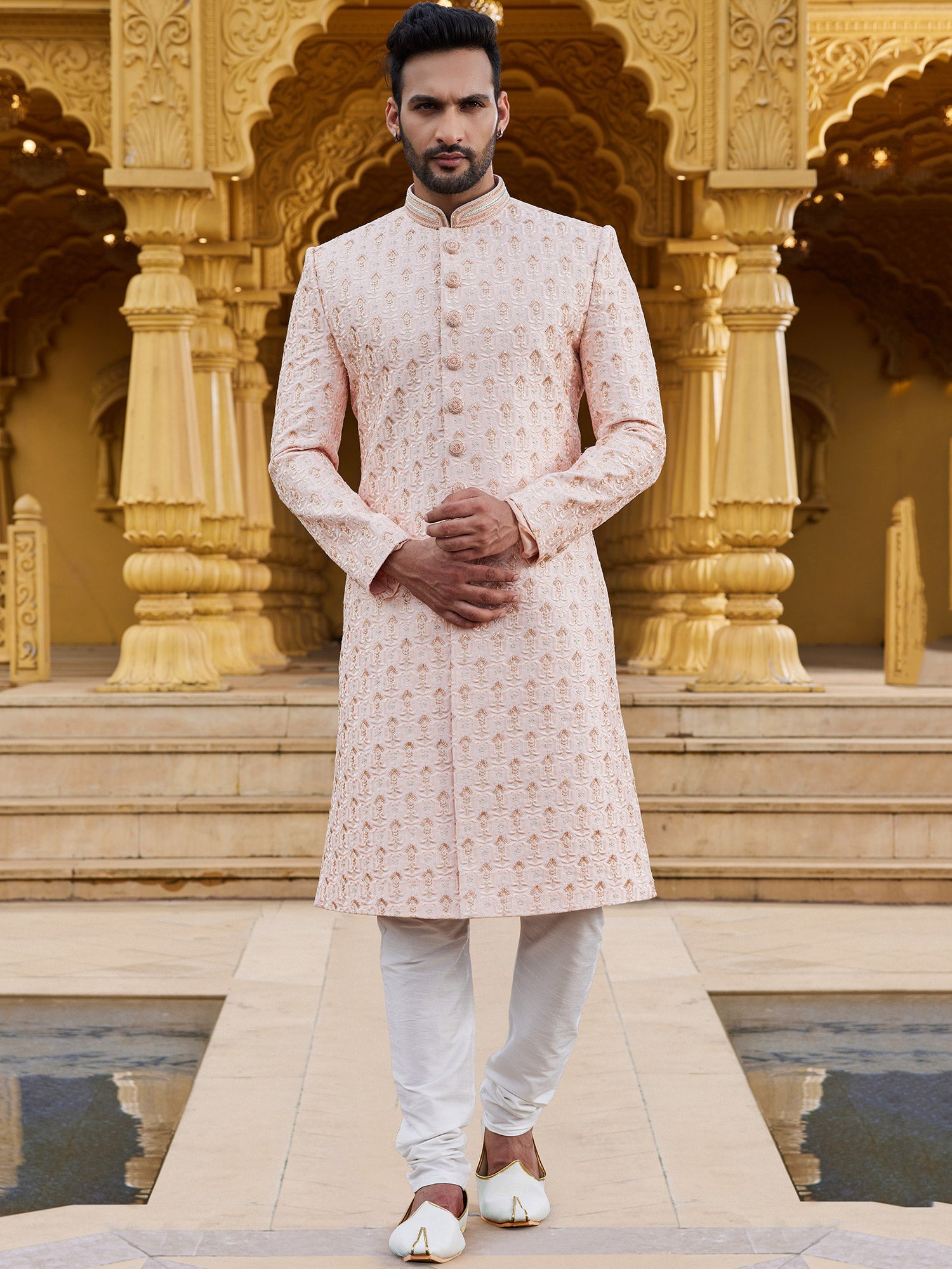 Peach Thread Embroidered Mens Silk Sherwani